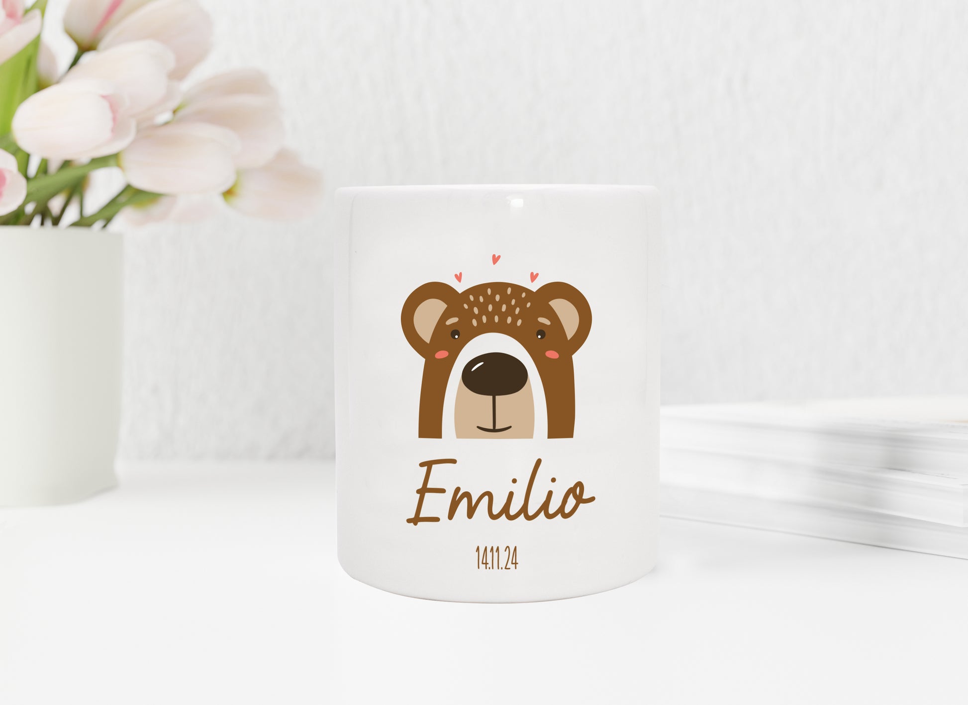 Personalisierte Spardose aus Keramik | Bär mit Name und Datum - verschenkich.de