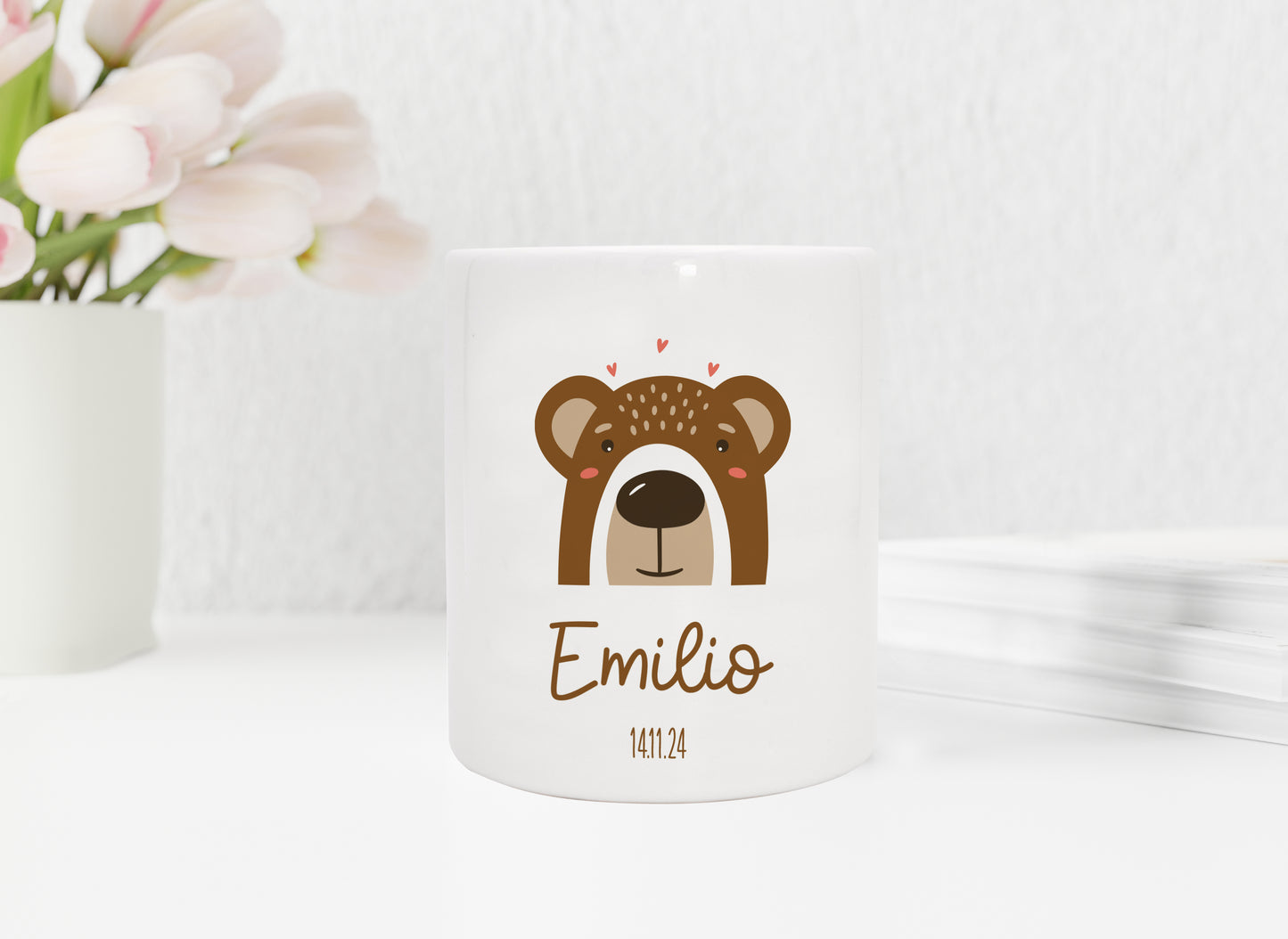 Personalisierte Spardose aus Keramik | Bär mit Name und Datum - verschenkich.de