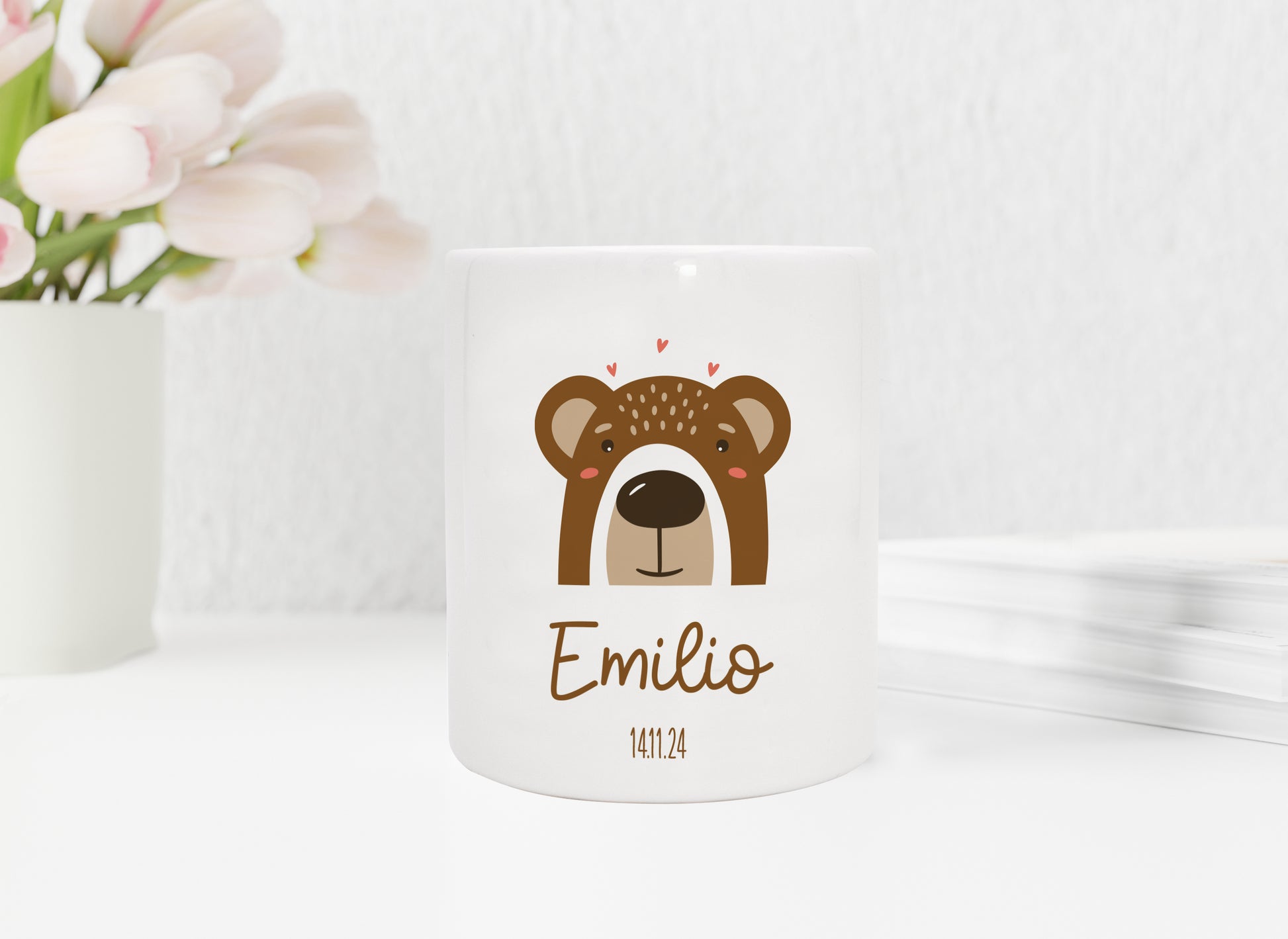 Personalisierte Spardose aus Keramik | Bär mit Name und Datum - verschenkich.de