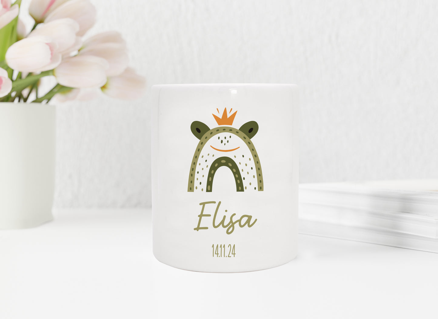 Personalisierte Spardose aus Keramik | Frosch König mit Name und Datum - verschenkich.de