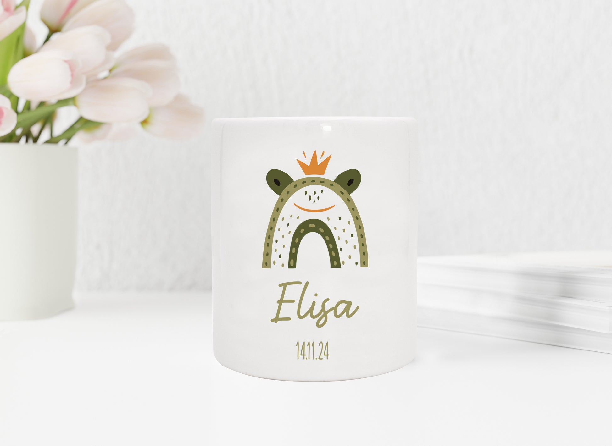 Personalisierte Spardose aus Keramik | Frosch König mit Name und Datum - verschenkich.de