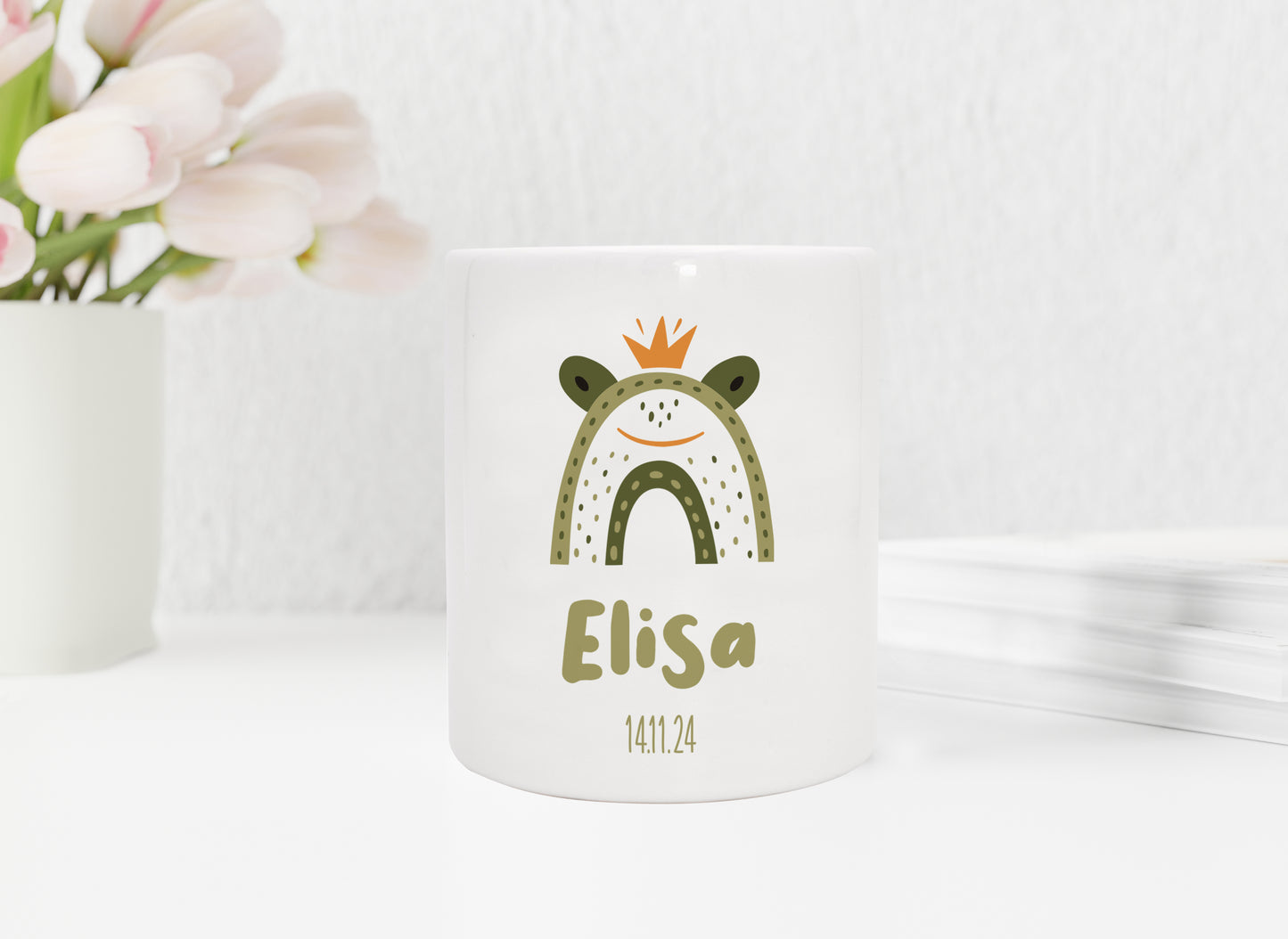 Personalisierte Spardose aus Keramik | Frosch König mit Name und Datum - verschenkich.de