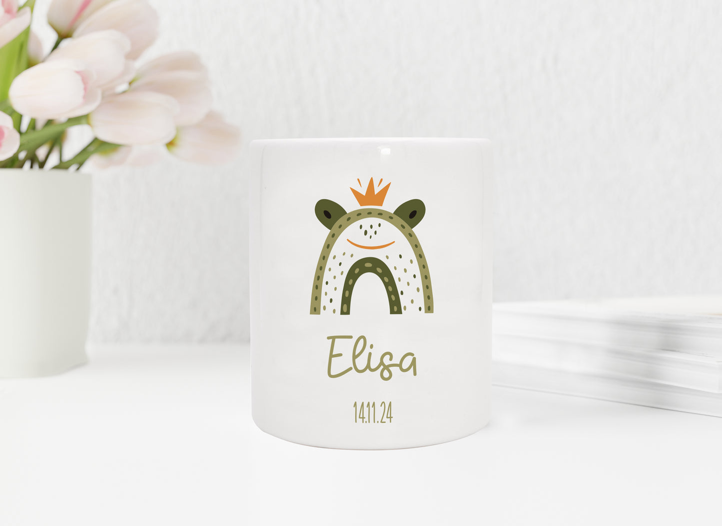 Personalisierte Spardose aus Keramik | Frosch König mit Name und Datum - verschenkich.de