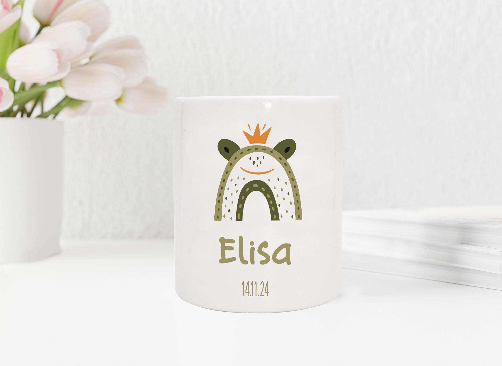 Personalisierte Spardose aus Keramik | Frosch König mit Name und Datum - verschenkich.de