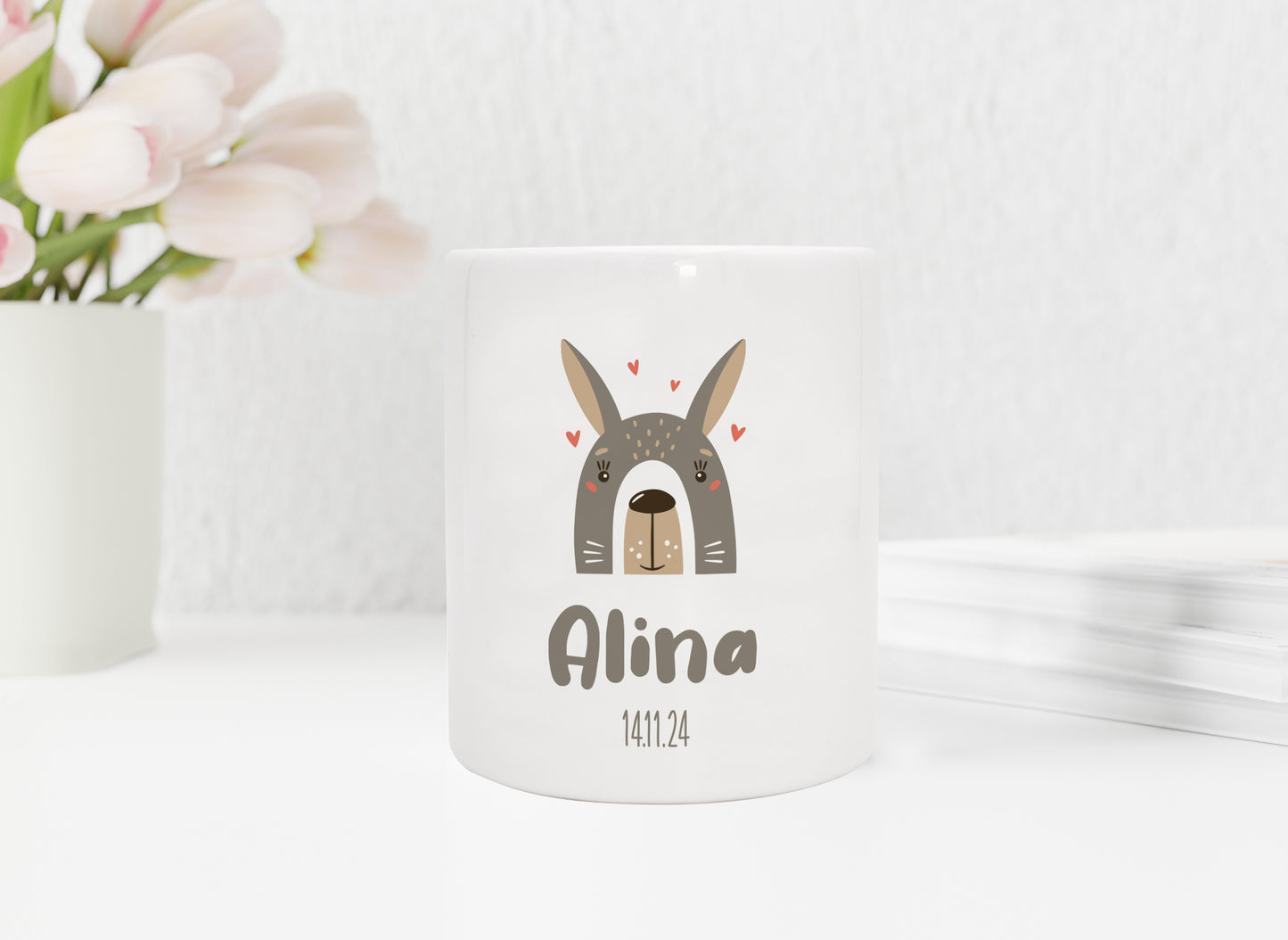 Personalisierte Spardose aus Keramik | Hase mit Name und Datum - verschenkich.de