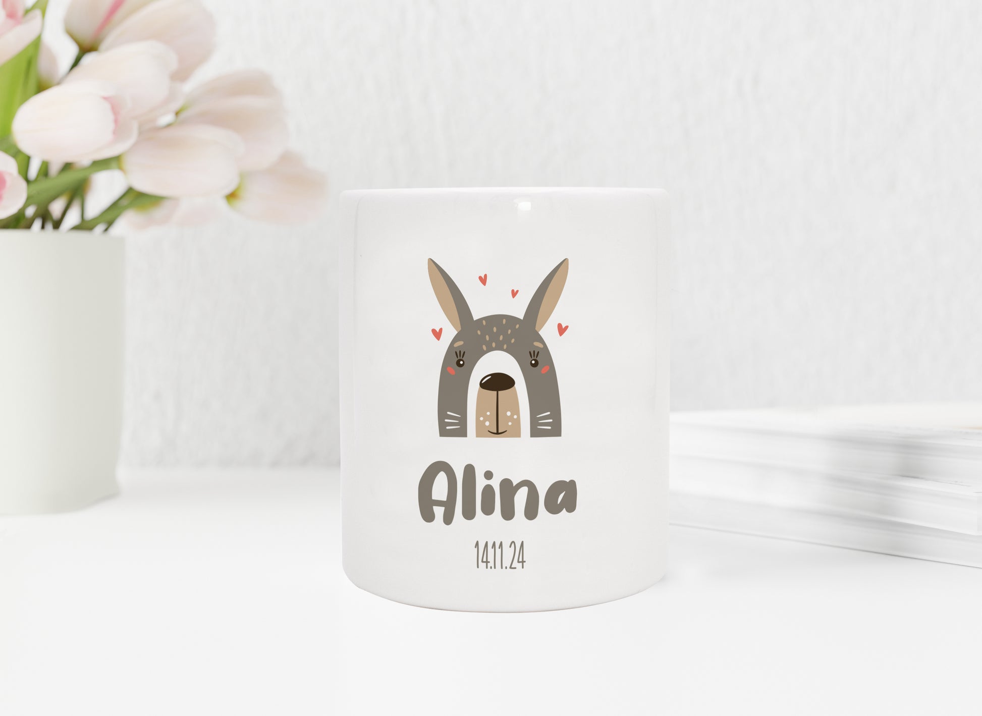 Personalisierte Spardose aus Keramik | Hase mit Name und Datum - verschenkich.de