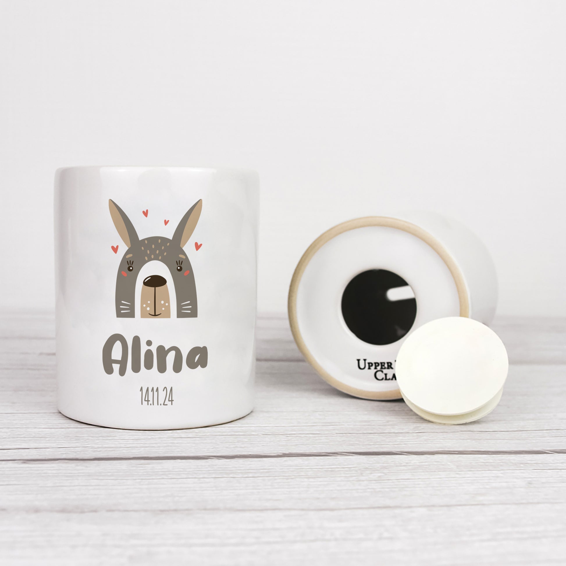 Personalisierte Spardose aus Keramik | Hase mit Name und Datum - verschenkich.de