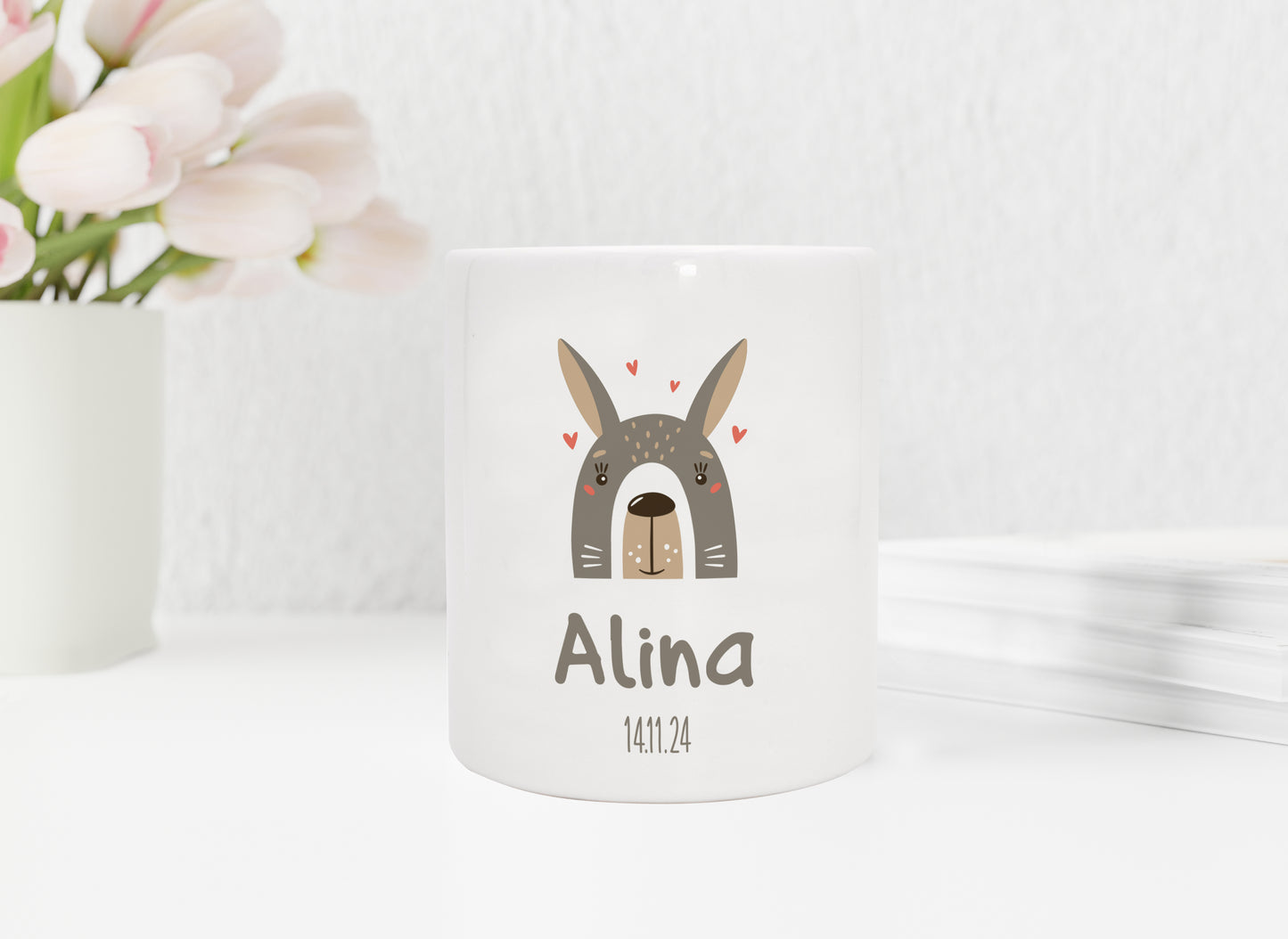 Personalisierte Spardose aus Keramik | Hase mit Name und Datum - verschenkich.de