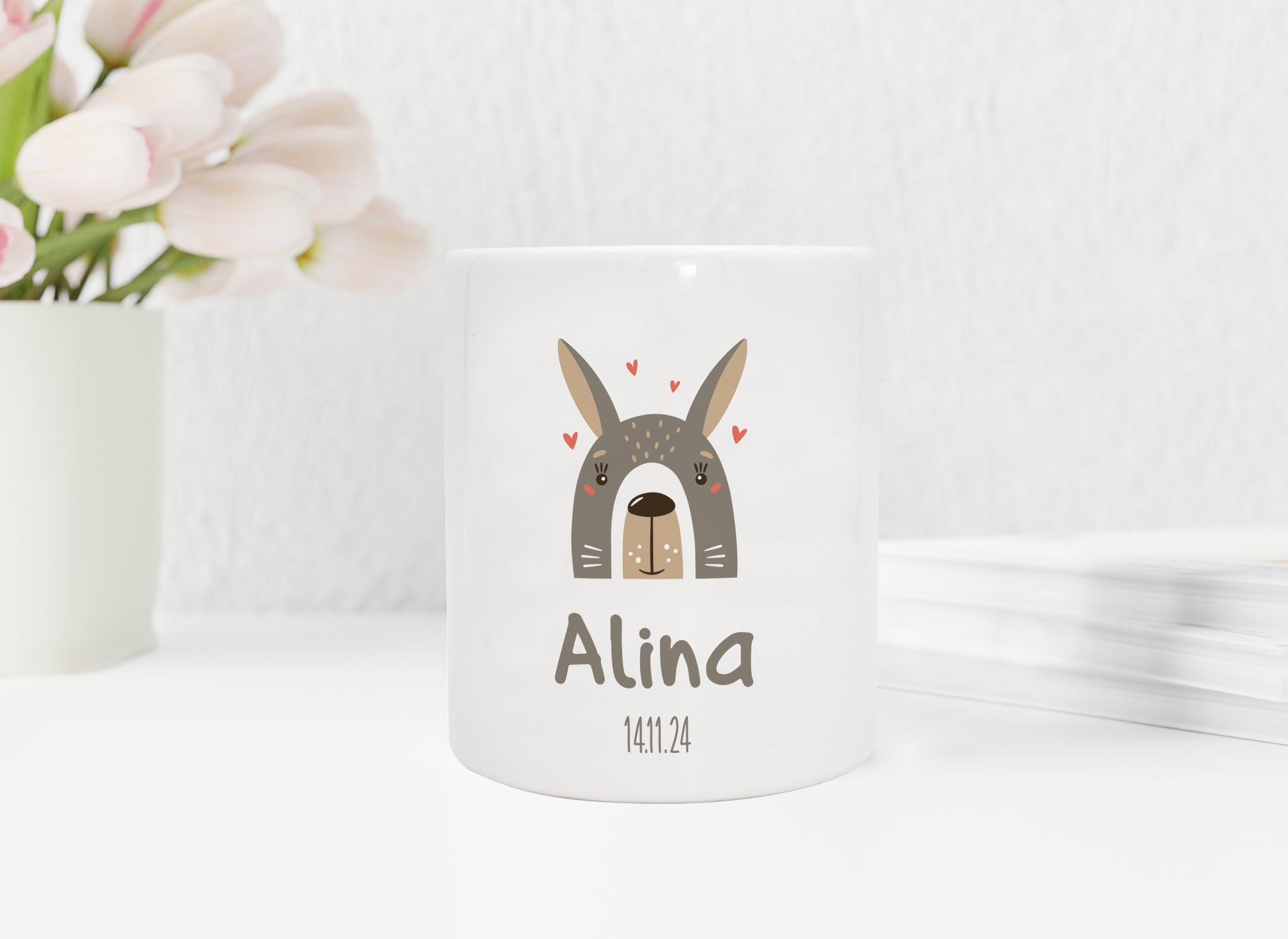 Personalisierte Spardose aus Keramik | Hase mit Name und Datum - verschenkich.de