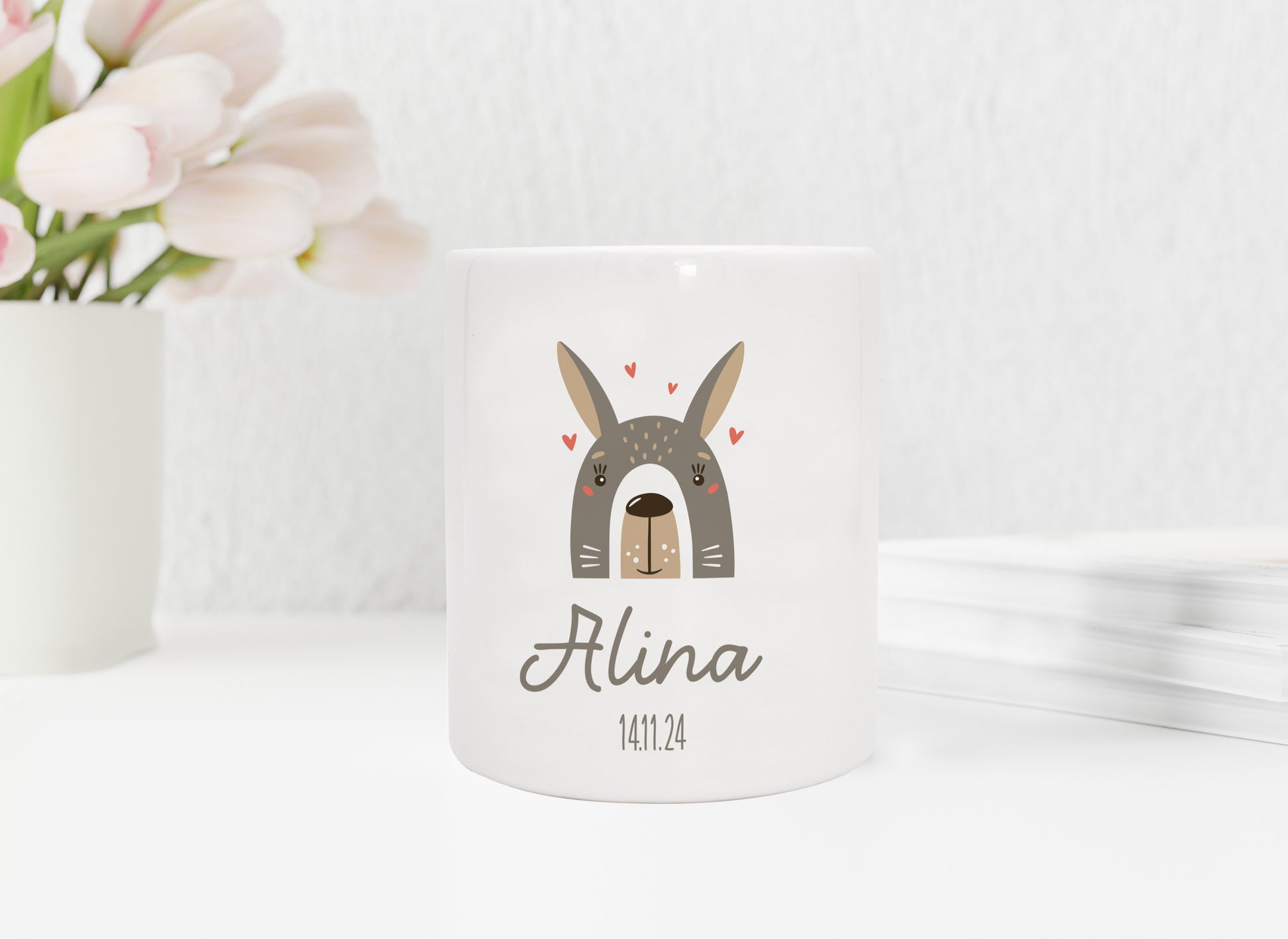 Personalisierte Spardose aus Keramik | Hase mit Name und Datum - verschenkich.de
