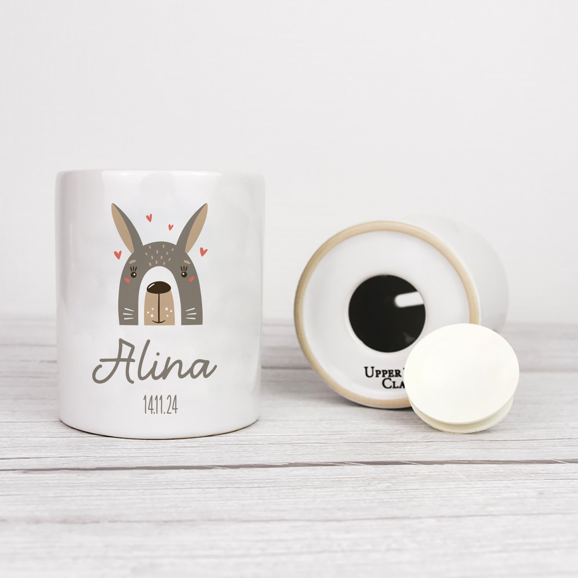 Personalisierte Spardose aus Keramik | Hase mit Name und Datum - verschenkich.de