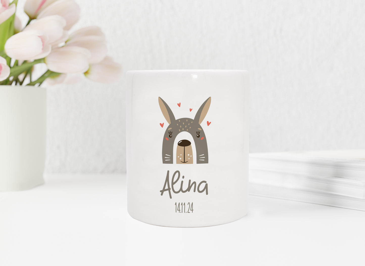Personalisierte Spardose aus Keramik | Hase mit Name und Datum - verschenkich.de