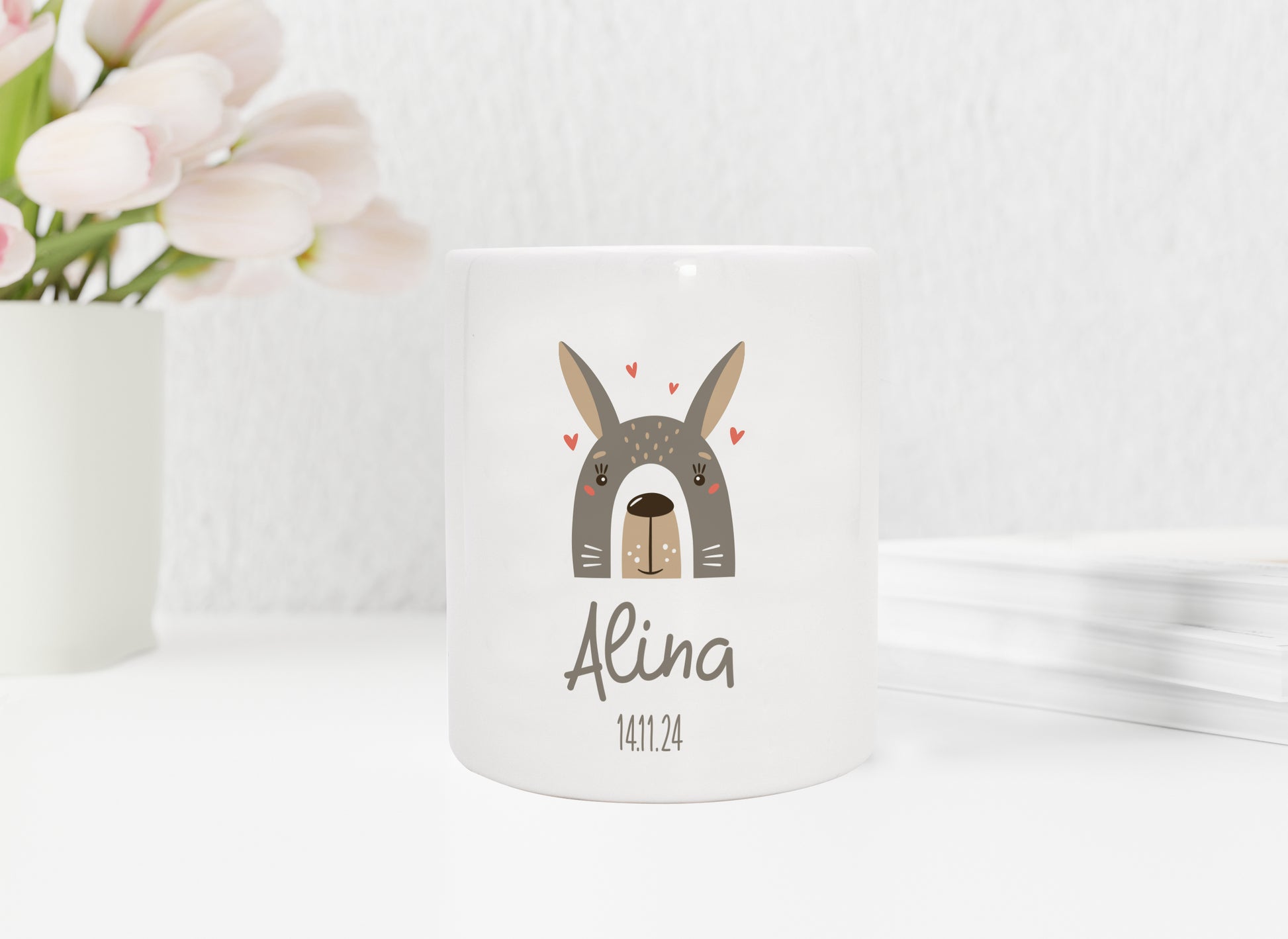 Personalisierte Spardose aus Keramik | Hase mit Name und Datum - verschenkich.de