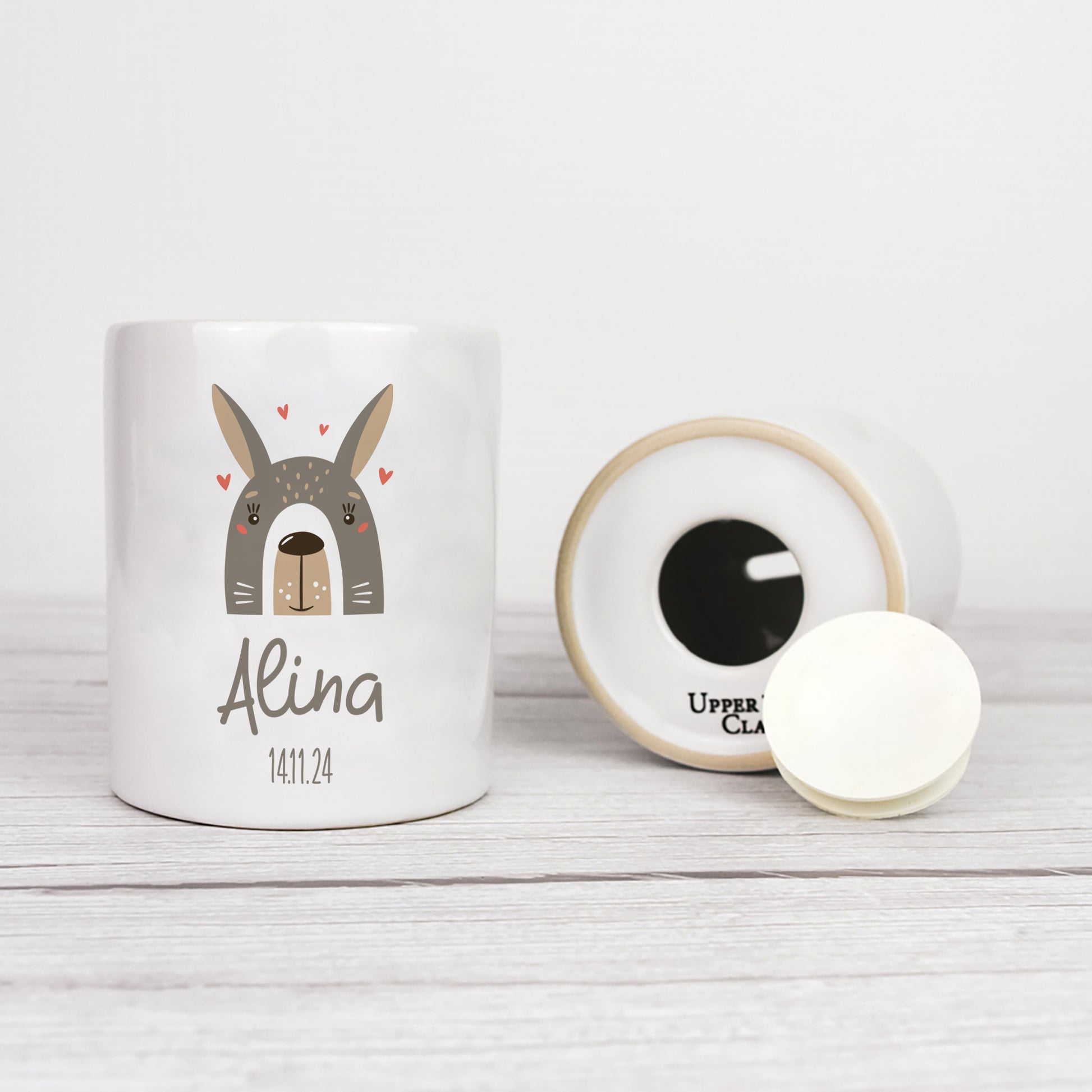 Personalisierte Spardose aus Keramik | Hase mit Name und Datum - verschenkich.de