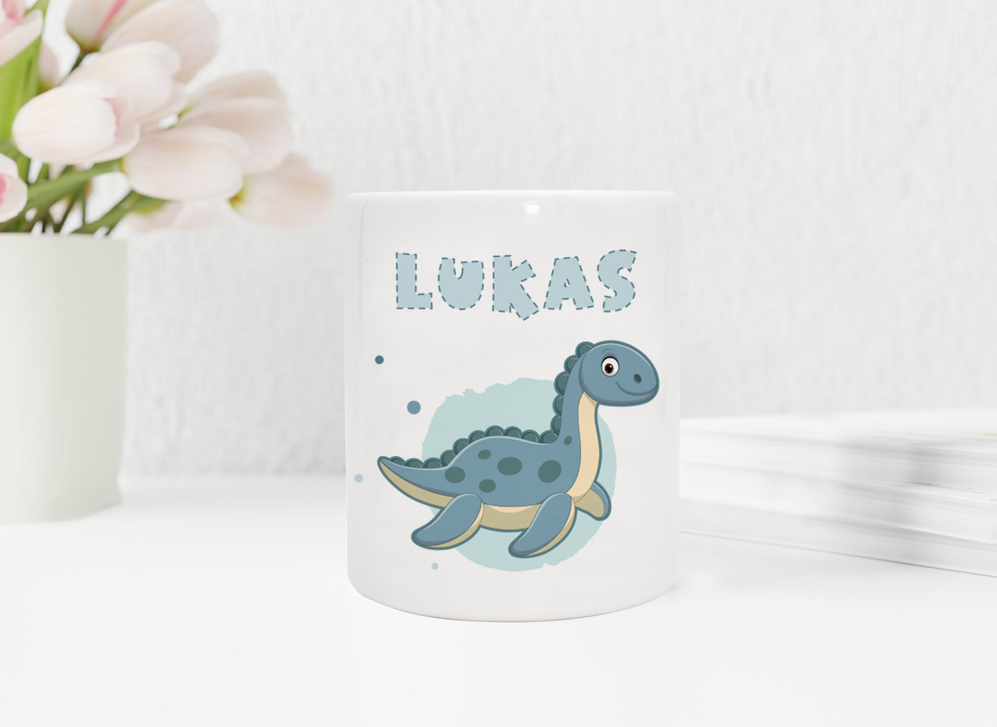 Personalisierte Spardose aus Keramik | mit Wunschnamen | Dino 2 | Plesiosaurus | blau | Geldgeschenk für Dinosaurier Fan - verschenkich.de