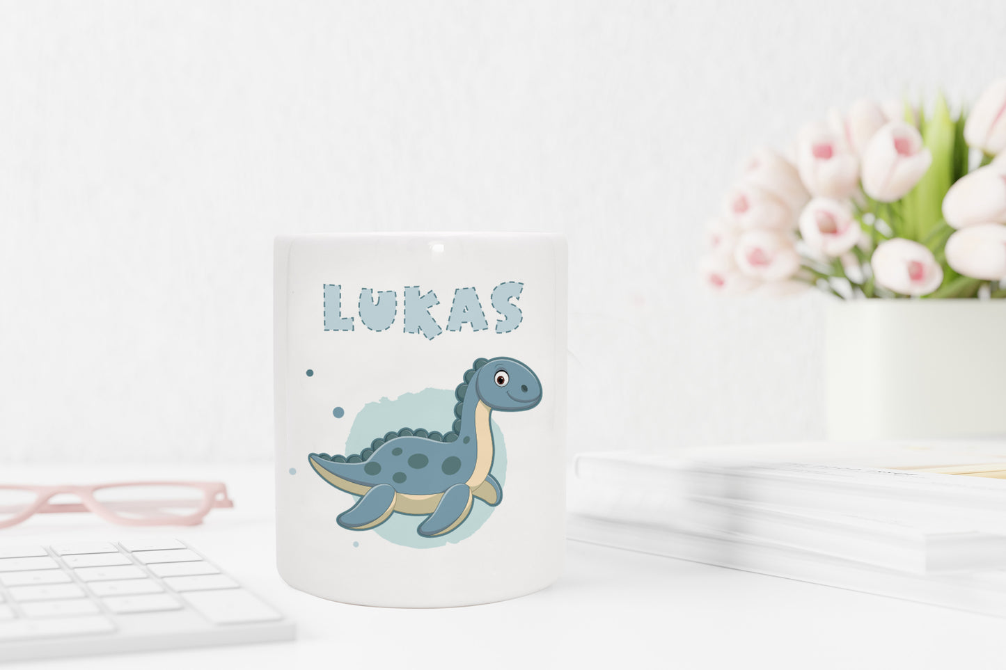 Personalisierte Spardose aus Keramik | mit Wunschnamen | Dino 2 | Plesiosaurus | blau | Geldgeschenk für Dinosaurier Fan - verschenkich.de