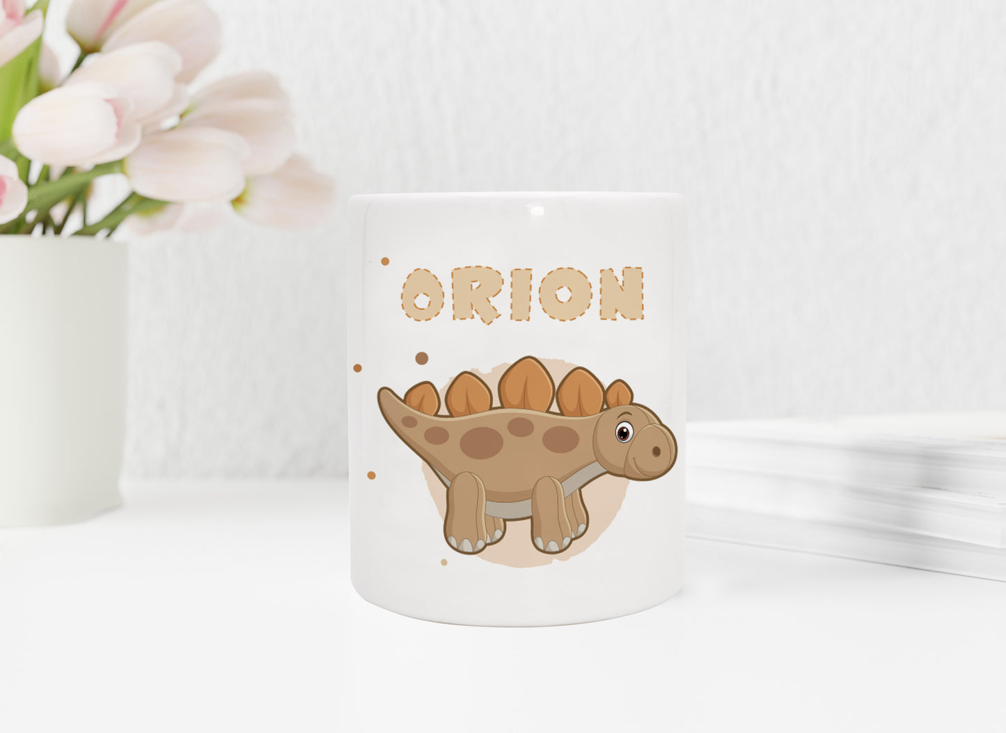 Personalisierte Spardose aus Keramik | mit Wunschnamen | Dino 3 | Stegosaurus | orange | Geldgeschenk für Dinosaurier Fan - verschenkich.de