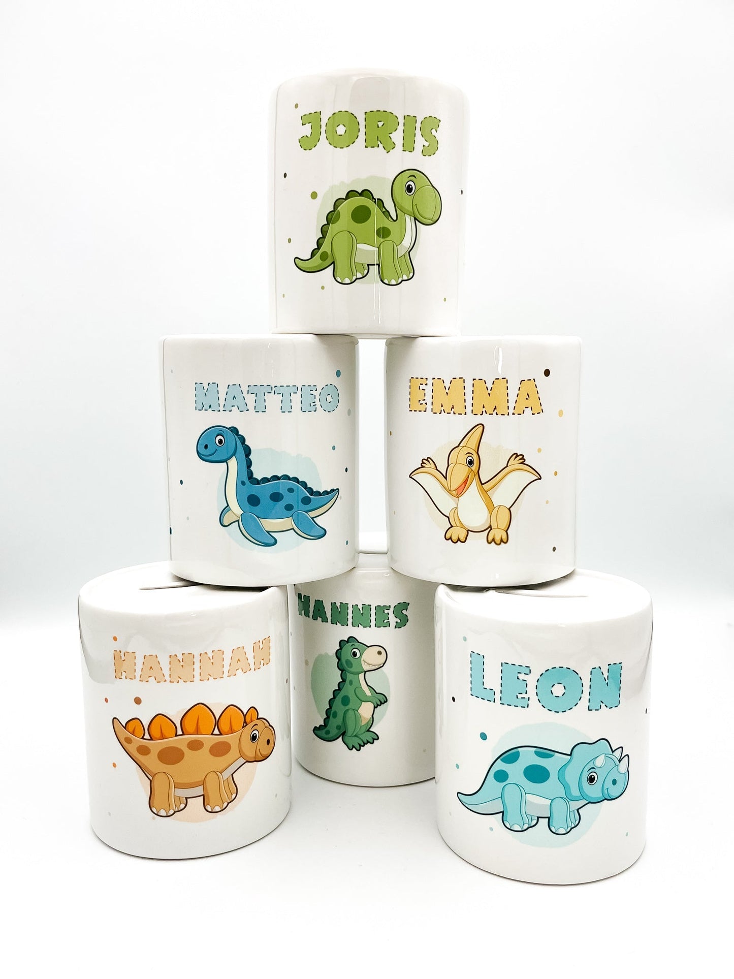 Personalisierte Spardose aus Keramik | mit Wunschnamen | Dino 3 | Stegosaurus | orange | Geldgeschenk für Dinosaurier Fan - verschenkich.de