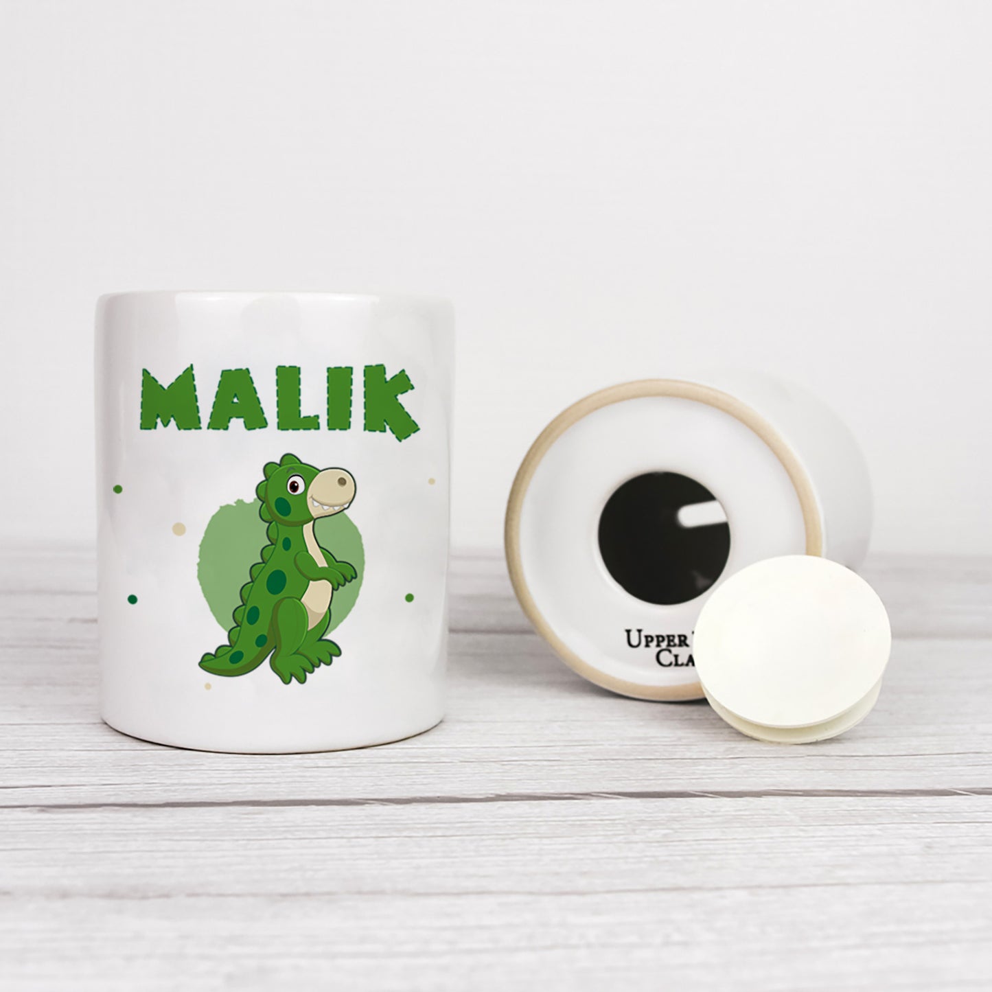 Personalisierte Spardose aus Keramik | mit Wunschnamen | Dino 6 | Rex | grün | Geldgeschenk für Dinosaurier Fan - verschenkich.de
