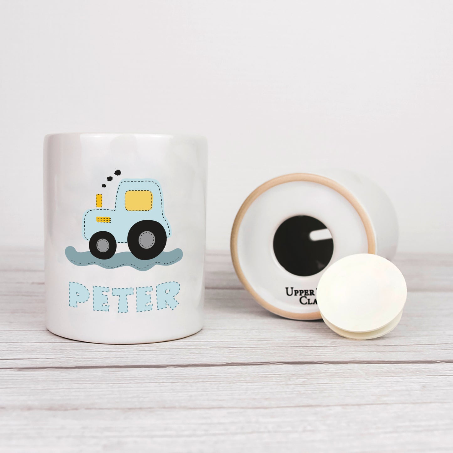 Personalisierte Spardose aus Keramik | mit Wunschnamen | zur Taufe | Geburtstag | als Geldgeschenk | Fahrzeuge | Traktor blau - verschenkich.de