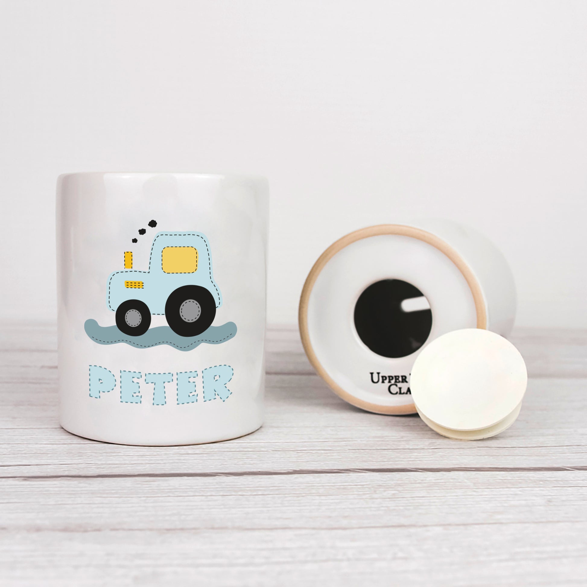 Personalisierte Spardose aus Keramik | mit Wunschnamen | zur Taufe | Geburtstag | als Geldgeschenk | Fahrzeuge | Traktor blau - verschenkich.de