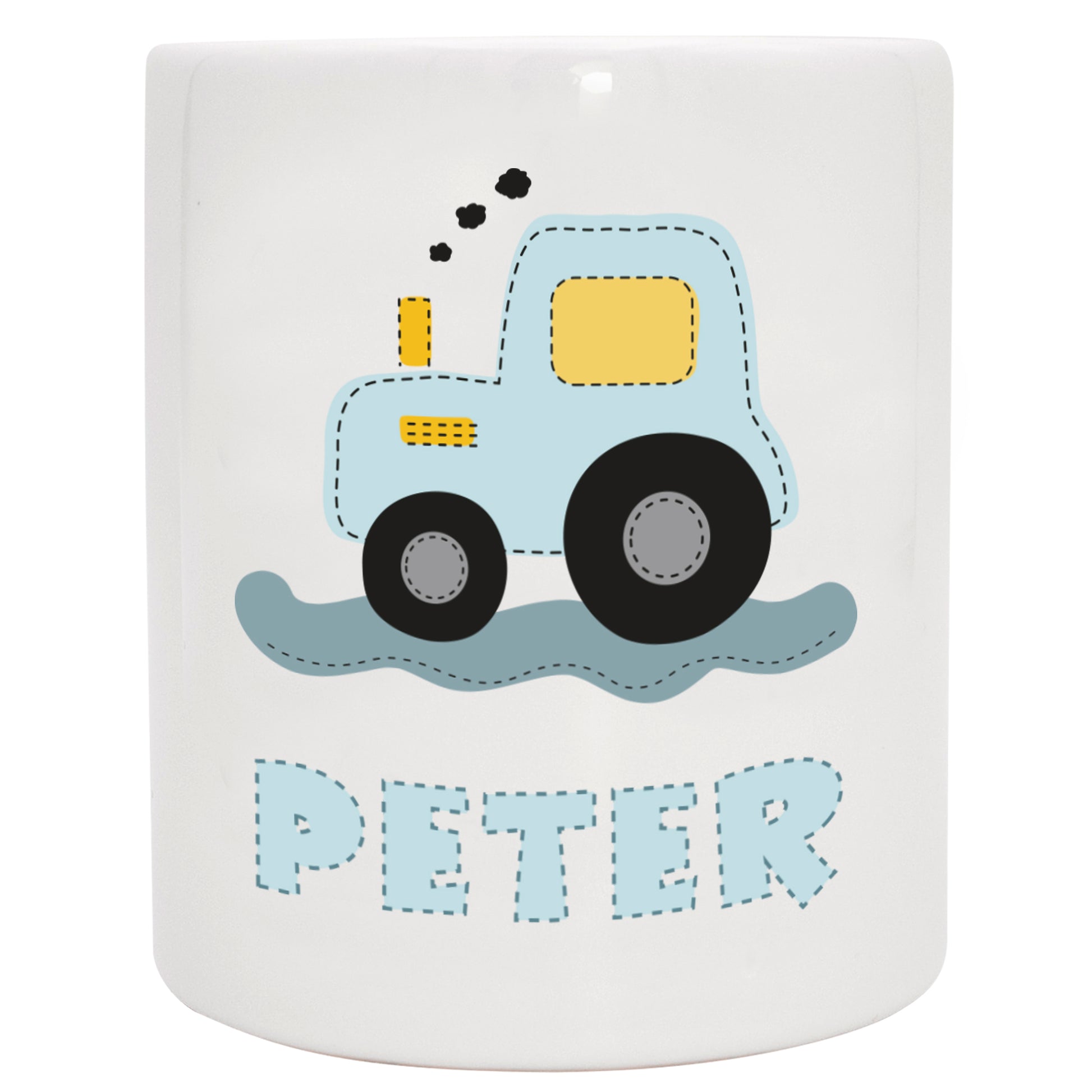 Personalisierte Spardose aus Keramik | mit Wunschnamen | zur Taufe | Geburtstag | als Geldgeschenk | Fahrzeuge | Traktor blau - verschenkich.de