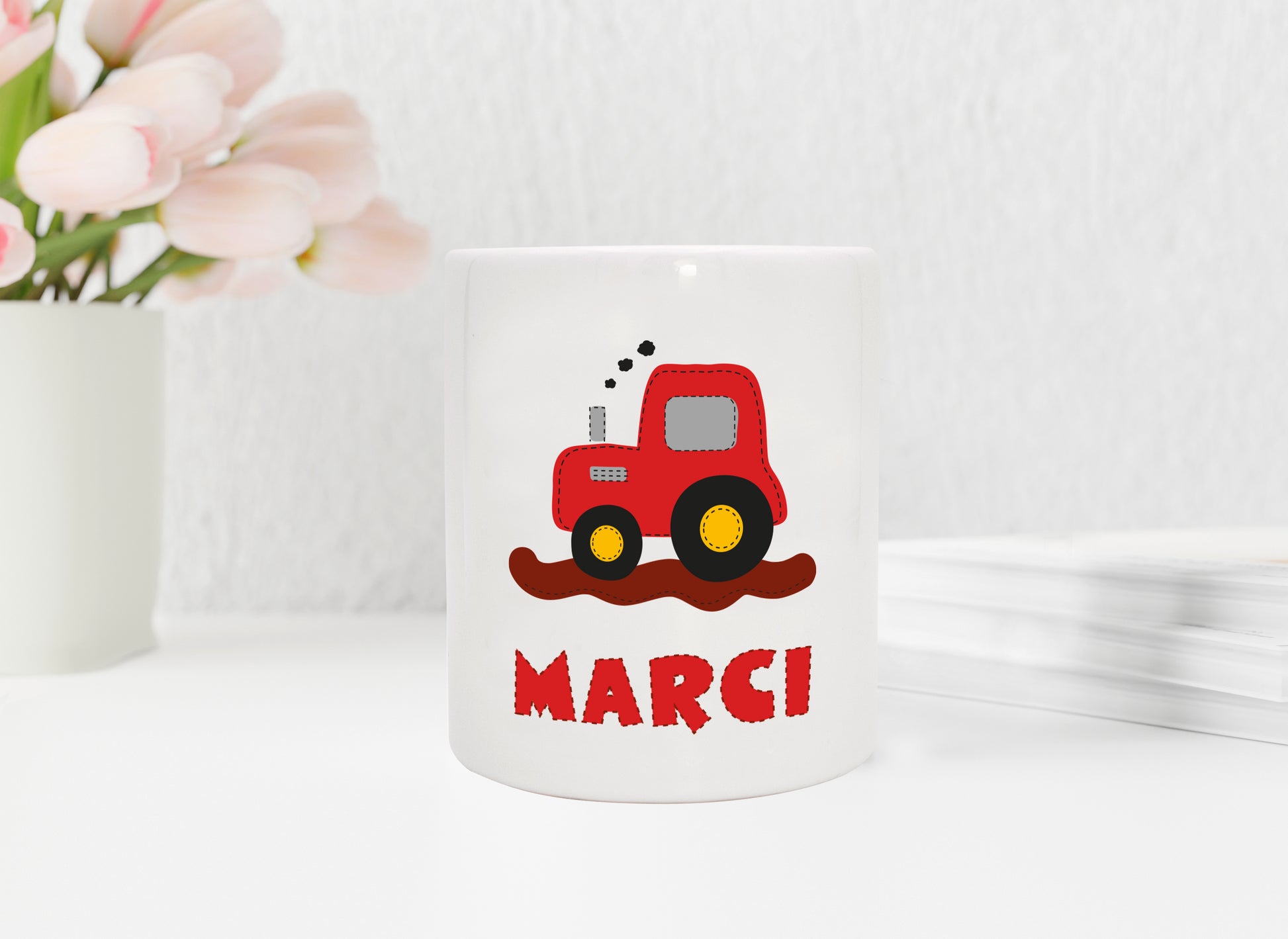 Personalisierte Spardose aus Keramik | mit Wunschnamen | zur Taufe | Geburtstag | als Geldgeschenk | Fahrzeuge | Traktor rot - verschenkich.de