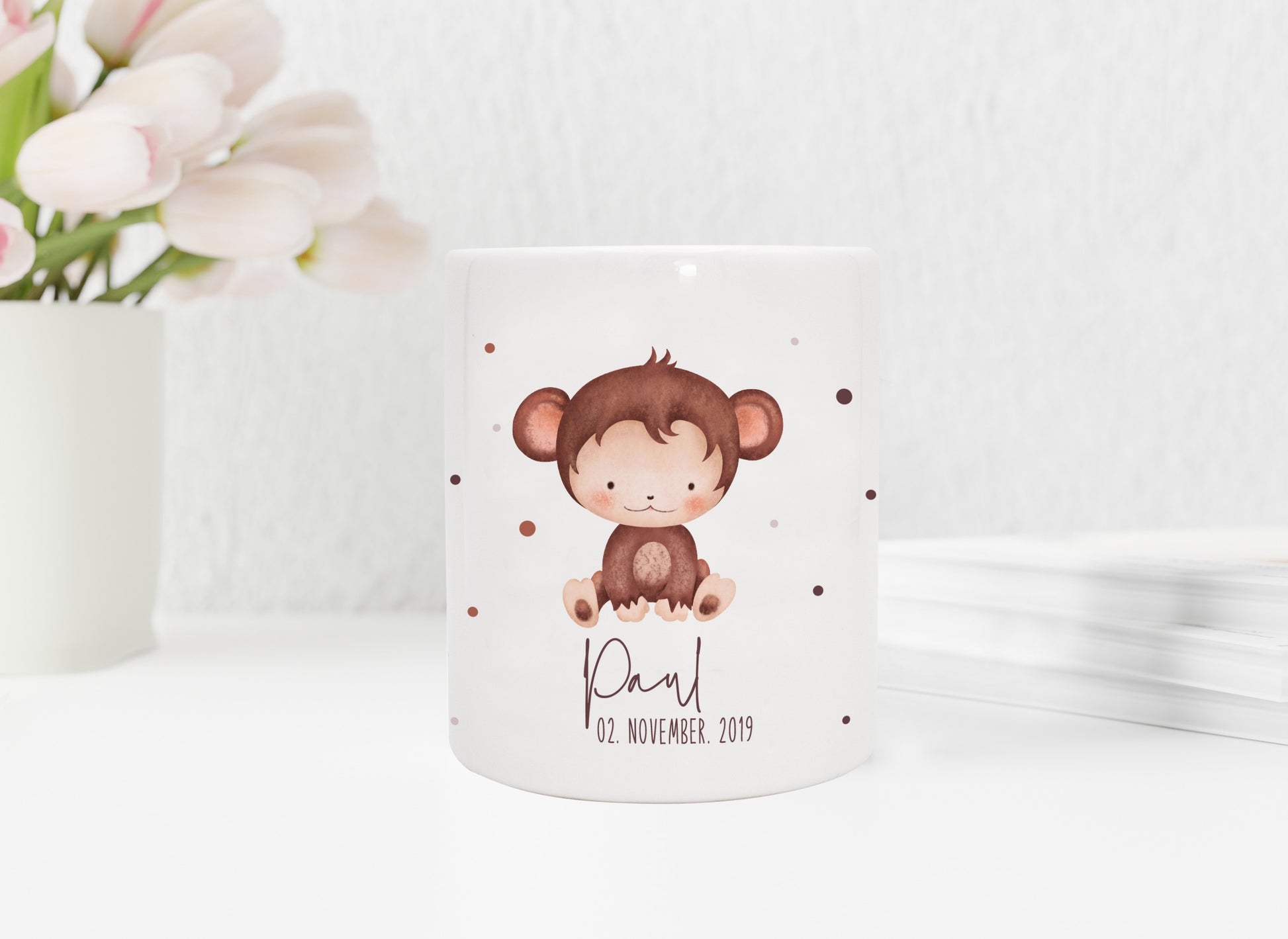 Personalisierte Spardose aus Keramik | mit Wunschnamen und Datum | Affe | Tierkinder | Geldgeschenk zur Geburt, Taufe oder Geburtstag - verschenkich.de