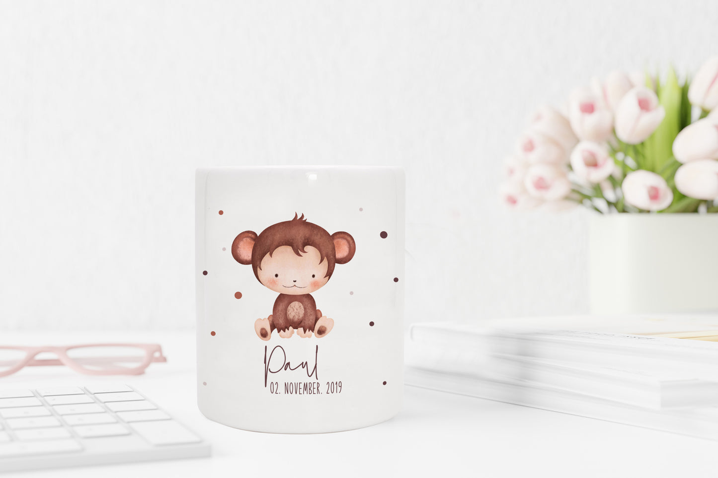 Personalisierte Spardose aus Keramik | mit Wunschnamen und Datum | Affe | Tierkinder | Geldgeschenk zur Geburt, Taufe oder Geburtstag - verschenkich.de