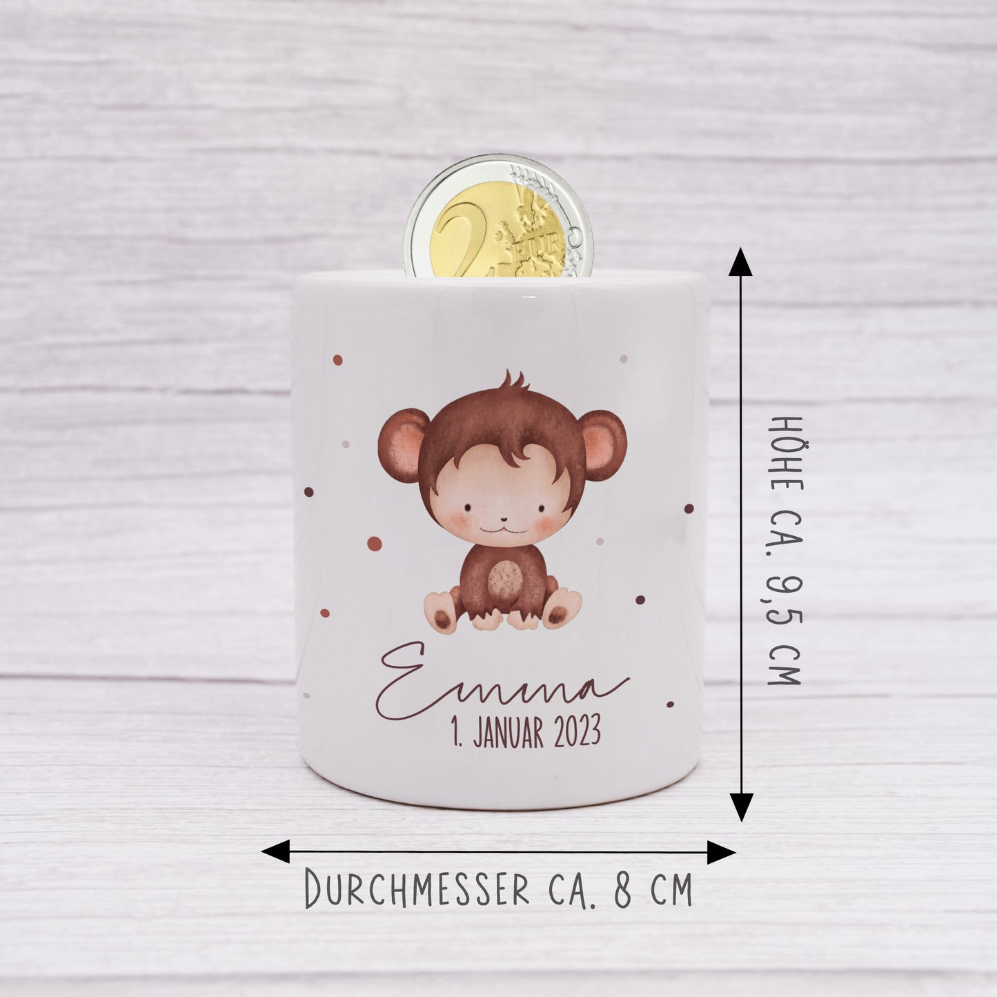 Personalisierte Spardose aus Keramik | mit Wunschnamen und Datum | Affe | Tierkinder | Geldgeschenk zur Geburt, Taufe oder Geburtstag - verschenkich.de