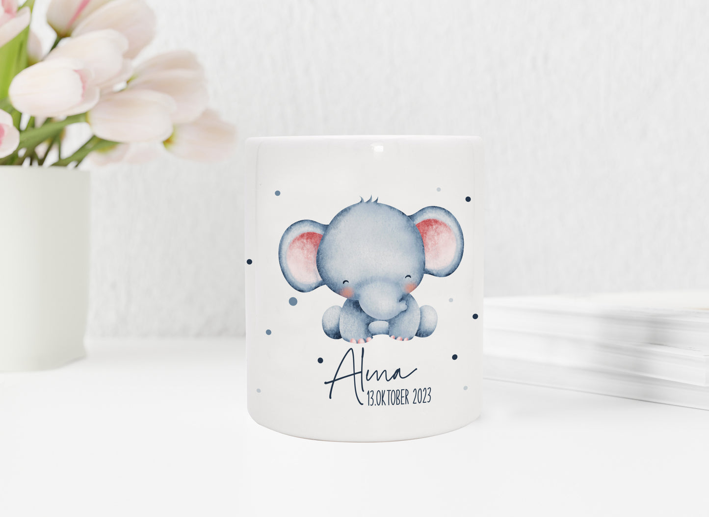 Personalisierte Spardose aus Keramik | mit Wunschnamen und Datum | Elefant | Tierkinder | Geldgeschenk zur Geburt, Taufe oder Geburtstag - verschenkich.de