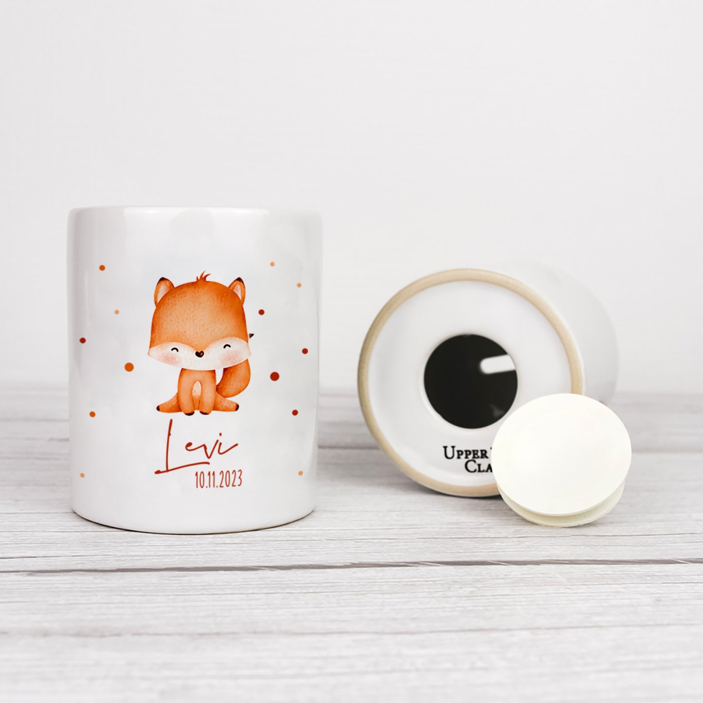 Personalisierte Spardose aus Keramik | mit Wunschnamen und Datum | Fuchs | Tierkinder | Geldgeschenk zur Geburt, Taufe oder Geburtstag - verschenkich.de