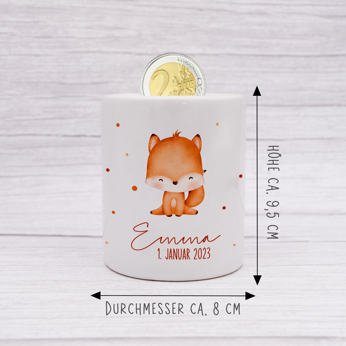 Personalisierte Spardose aus Keramik | mit Wunschnamen und Datum | Fuchs | Tierkinder | Geldgeschenk zur Geburt, Taufe oder Geburtstag - verschenkich.de