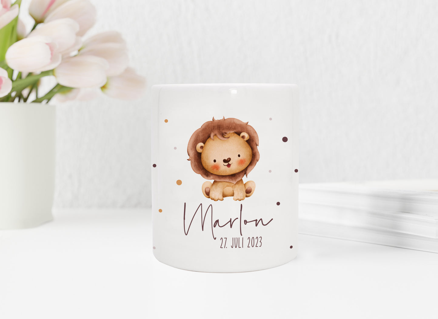 Personalisierte Spardose aus Keramik | mit Wunschnamen und Datum | Löwe | Tierkinder | Geldgeschenk zur Geburt, Taufe oder Geburtstag - verschenkich.de