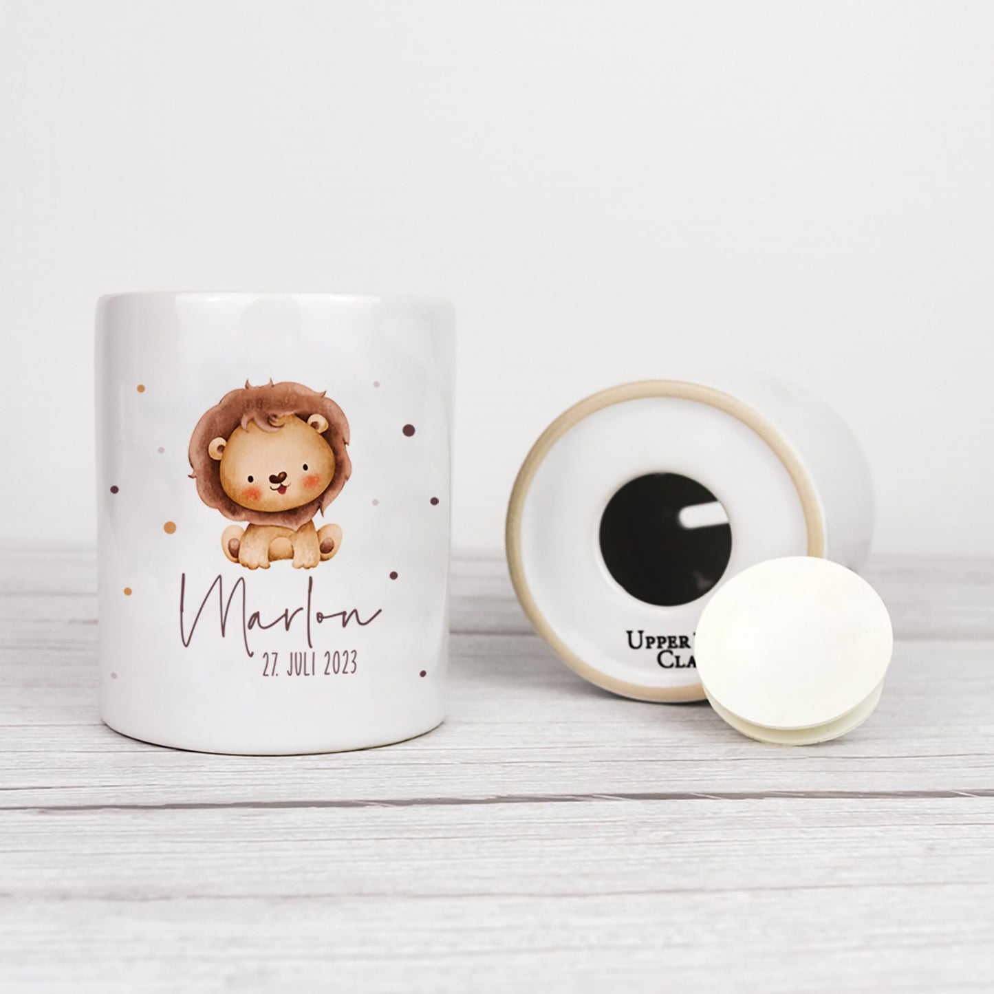 Personalisierte Spardose aus Keramik | mit Wunschnamen und Datum | Löwe | Tierkinder | Geldgeschenk zur Geburt, Taufe oder Geburtstag - verschenkich.de