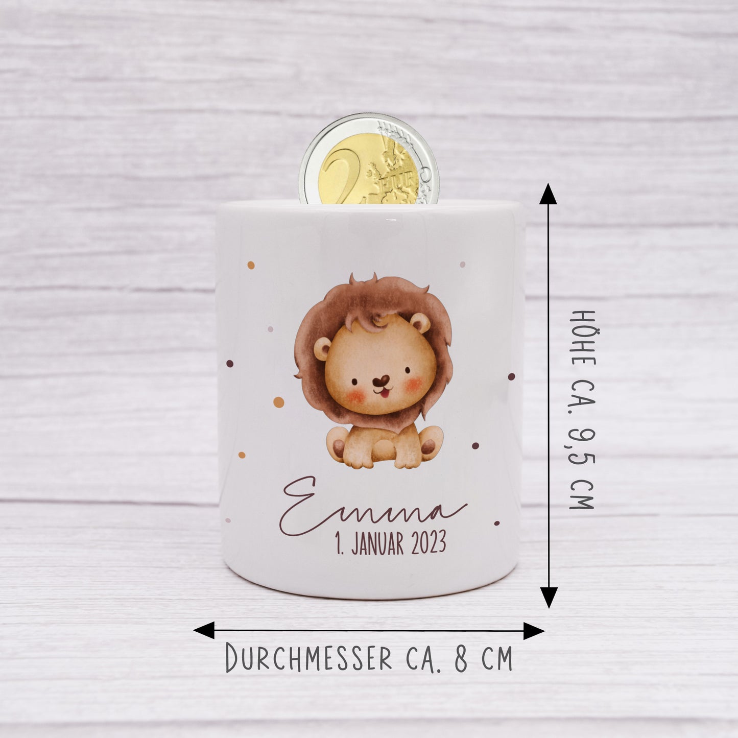 Personalisierte Spardose aus Keramik | mit Wunschnamen und Datum | Löwe | Tierkinder | Geldgeschenk zur Geburt, Taufe oder Geburtstag - verschenkich.de