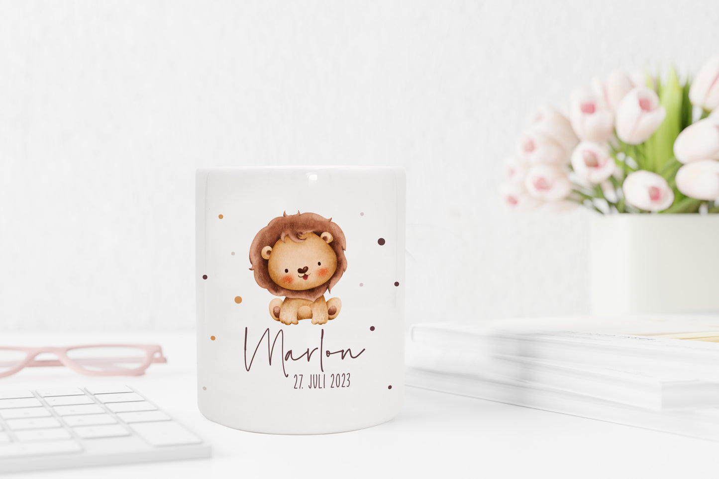 Personalisierte Spardose aus Keramik | mit Wunschnamen und Datum | Löwe | Tierkinder | Geldgeschenk zur Geburt, Taufe oder Geburtstag - verschenkich.de