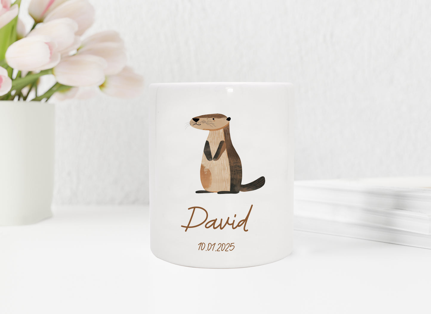 Personalisierte Spardose aus Keramik | mit Wunschnamen und Datum | Otter | Tierparty | bezauberndes Geldgeschenk für Kinder - verschenkich.de