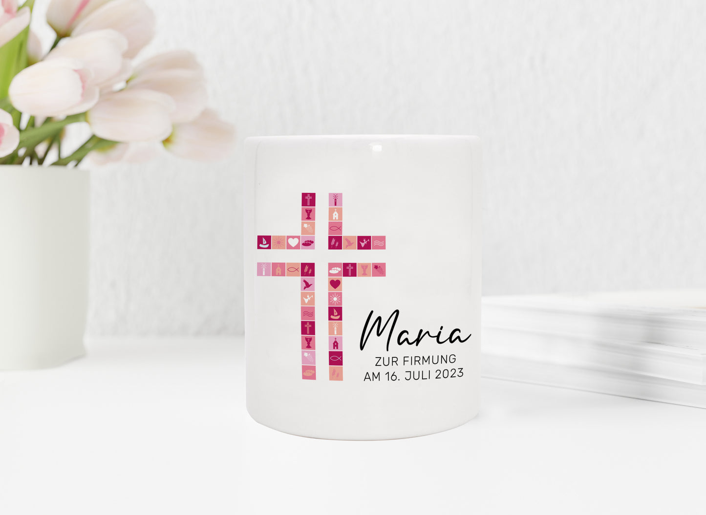 Personalisierte Spardose aus Keramik | mit Wunschnamen und Datum | Taufe Kreuz | rosa | Geschenkidee für ein Geldgeschenk - verschenkich.de
