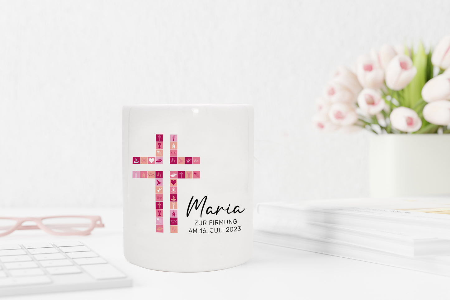 Personalisierte Spardose aus Keramik | mit Wunschnamen und Datum | Taufe Kreuz | rosa | Geschenkidee für ein Geldgeschenk - verschenkich.de
