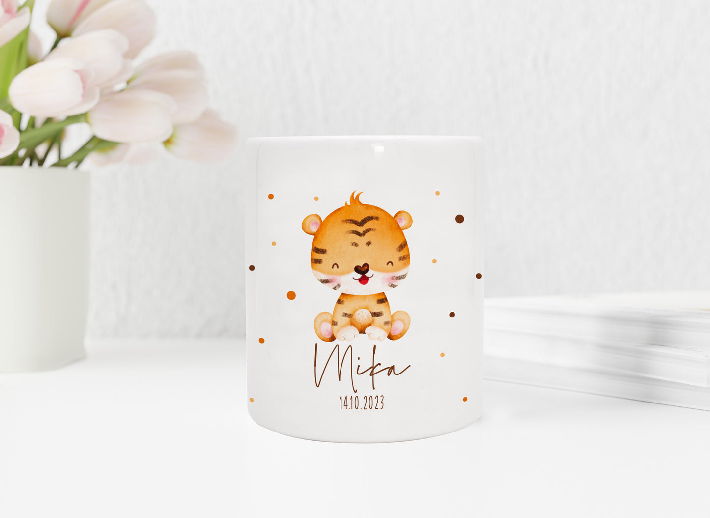 Personalisierte Spardose aus Keramik | mit Wunschnamen und Datum | Tiger | Tierkinder | Geldgeschenk zur Geburt, Taufe oder Geburtstag - verschenkich.de