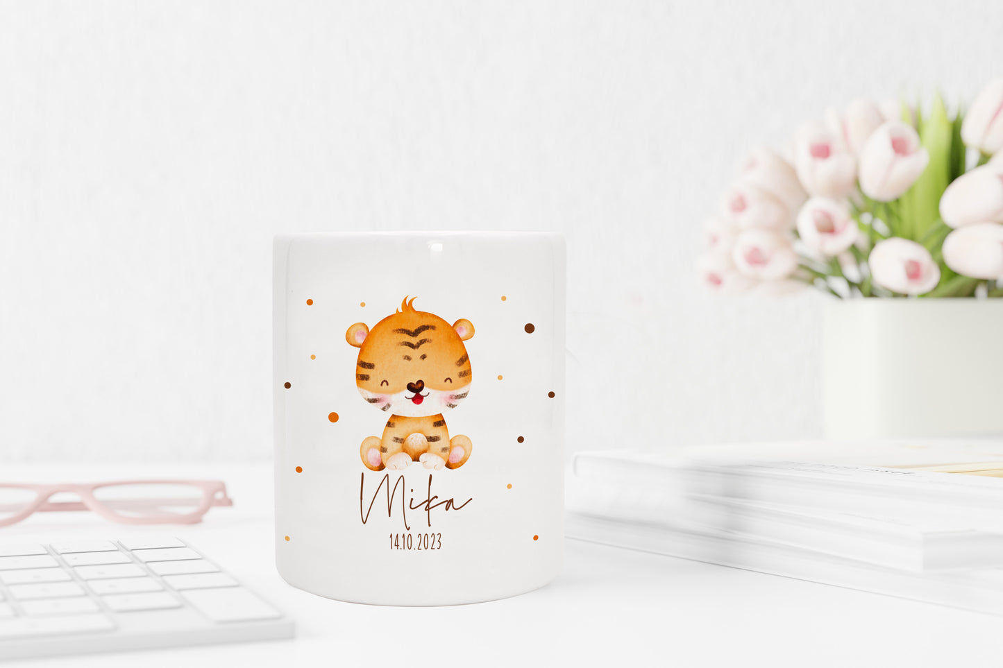 Personalisierte Spardose aus Keramik | mit Wunschnamen und Datum | Tiger | Tierkinder | Geldgeschenk zur Geburt, Taufe oder Geburtstag - verschenkich.de