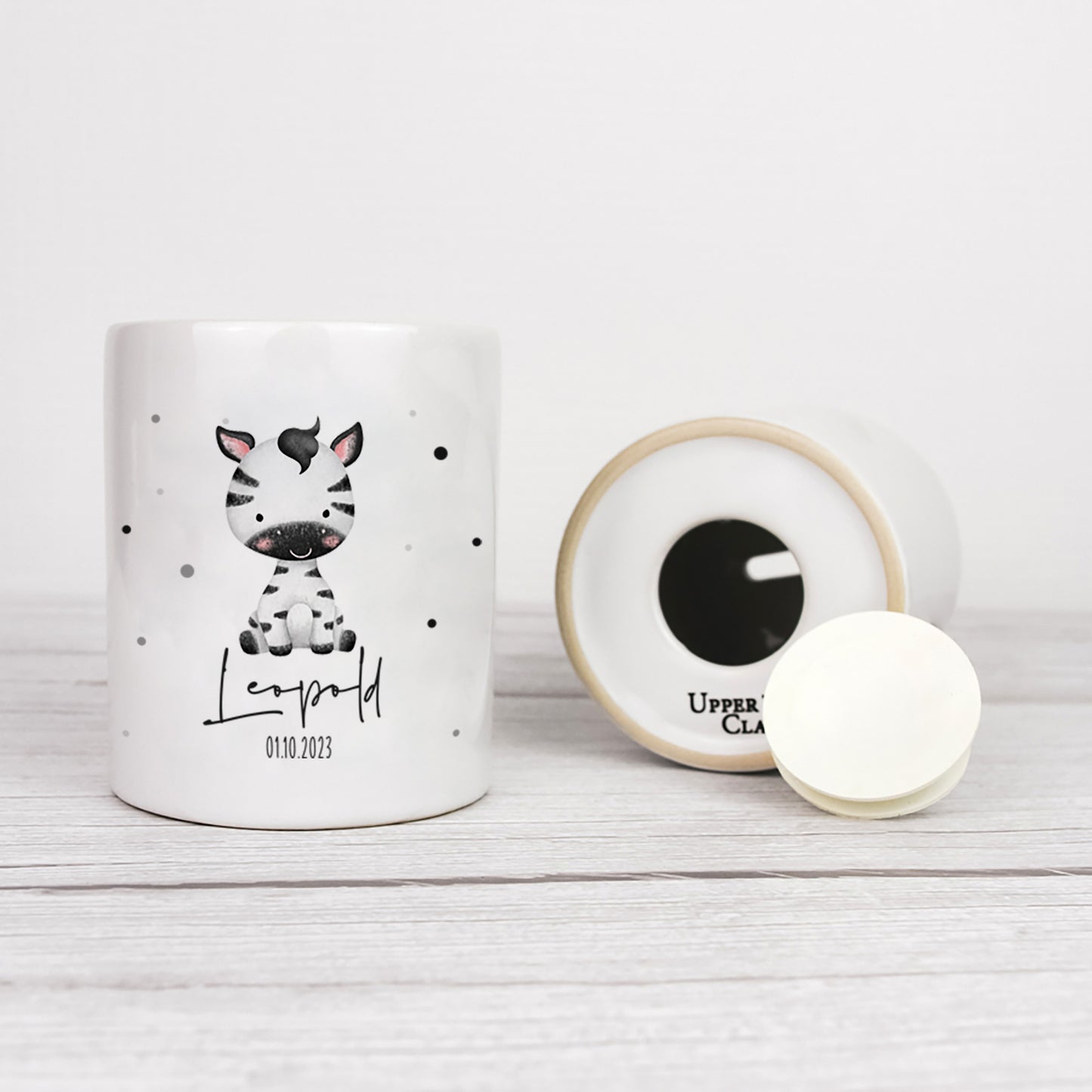 Personalisierte Spardose aus Keramik | mit Wunschnamen und Datum | Zebra | Tierkinder | Geldgeschenk zur Geburt, Taufe oder Geburtstag - verschenkich.de