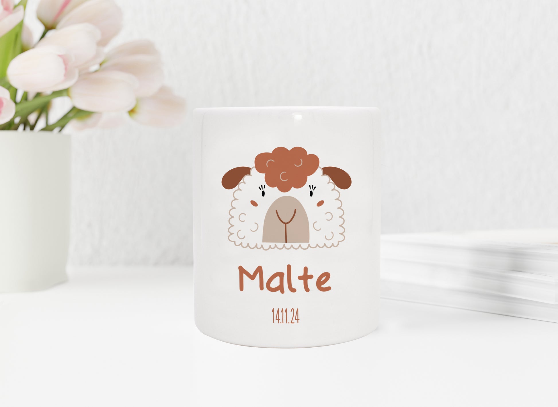 Personalisierte Spardose aus Keramik | Schaf mit Name und Datum - verschenkich.de