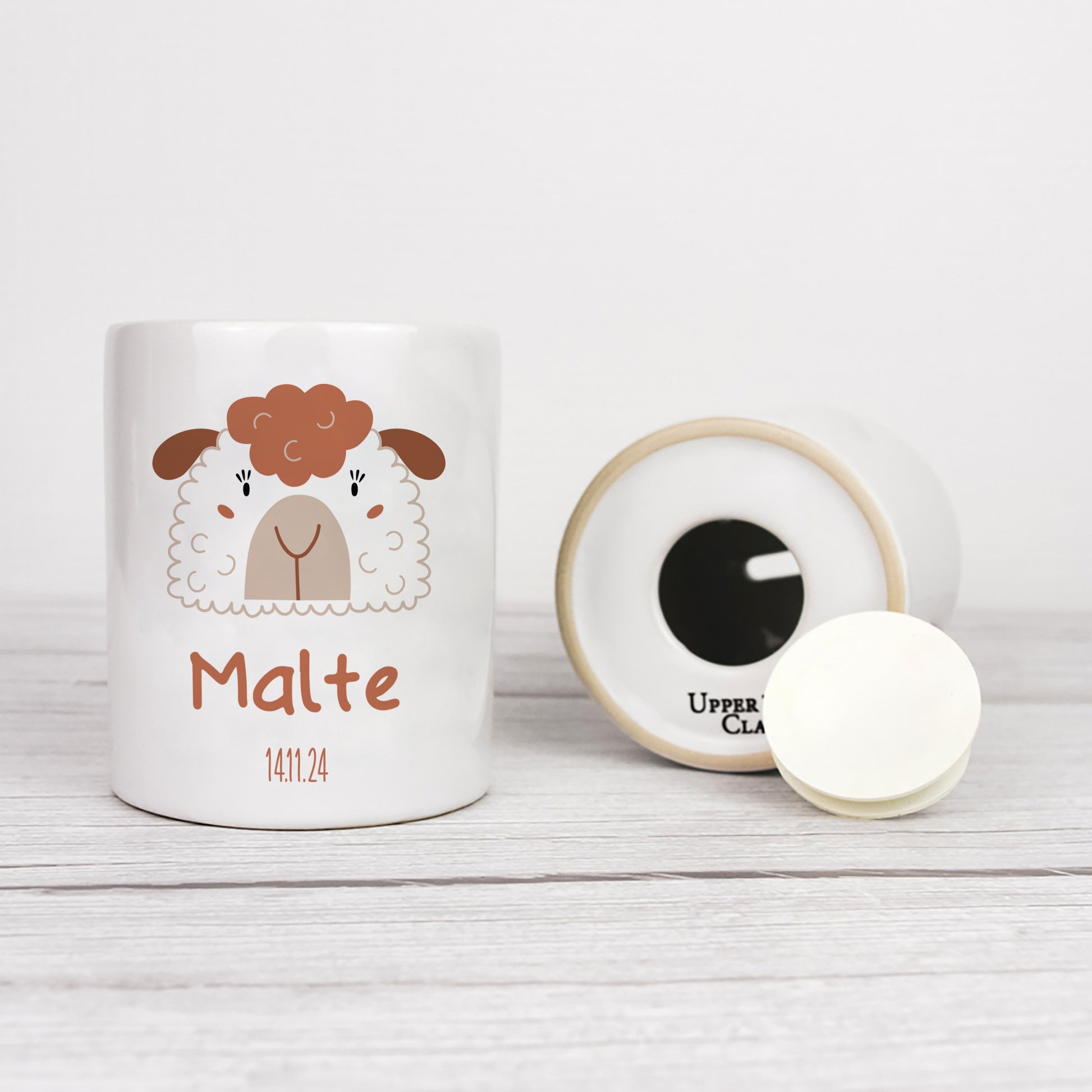 Personalisierte Spardose aus Keramik | Schaf mit Name und Datum - verschenkich.de