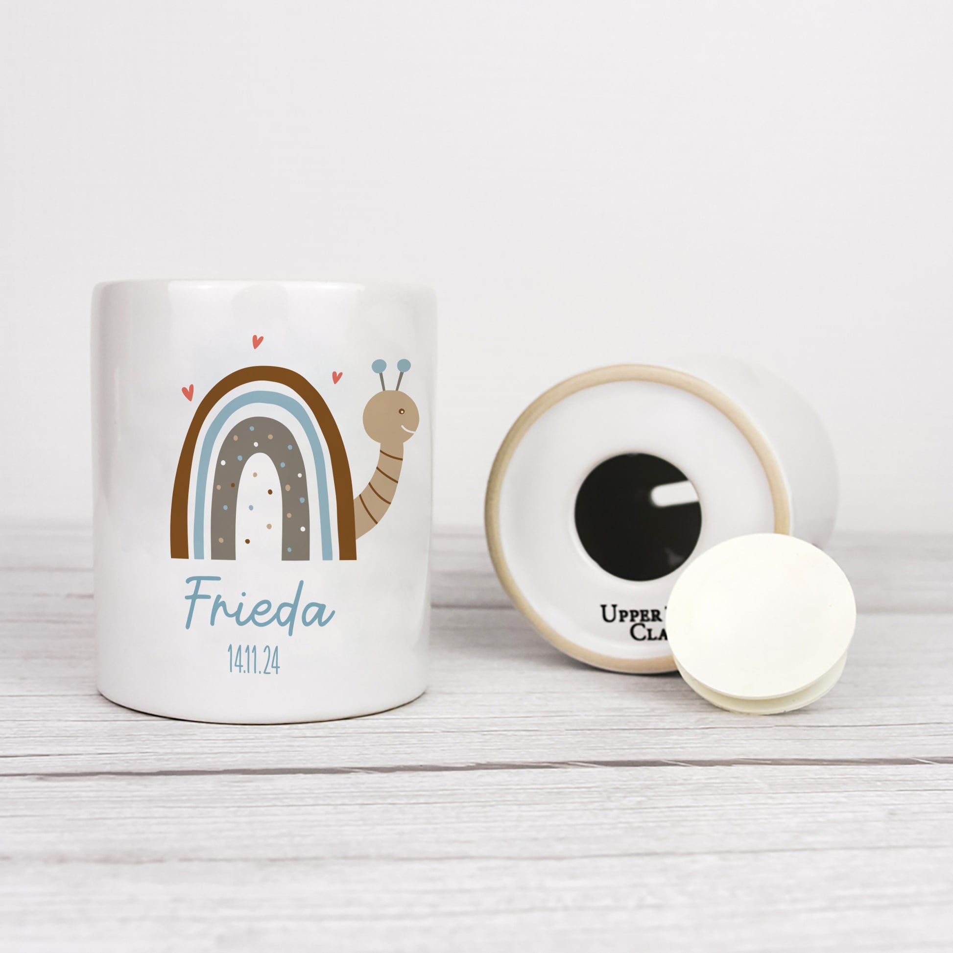 Personalisierte Spardose aus Keramik | Schnecke mit Name und Datum - verschenkich.de