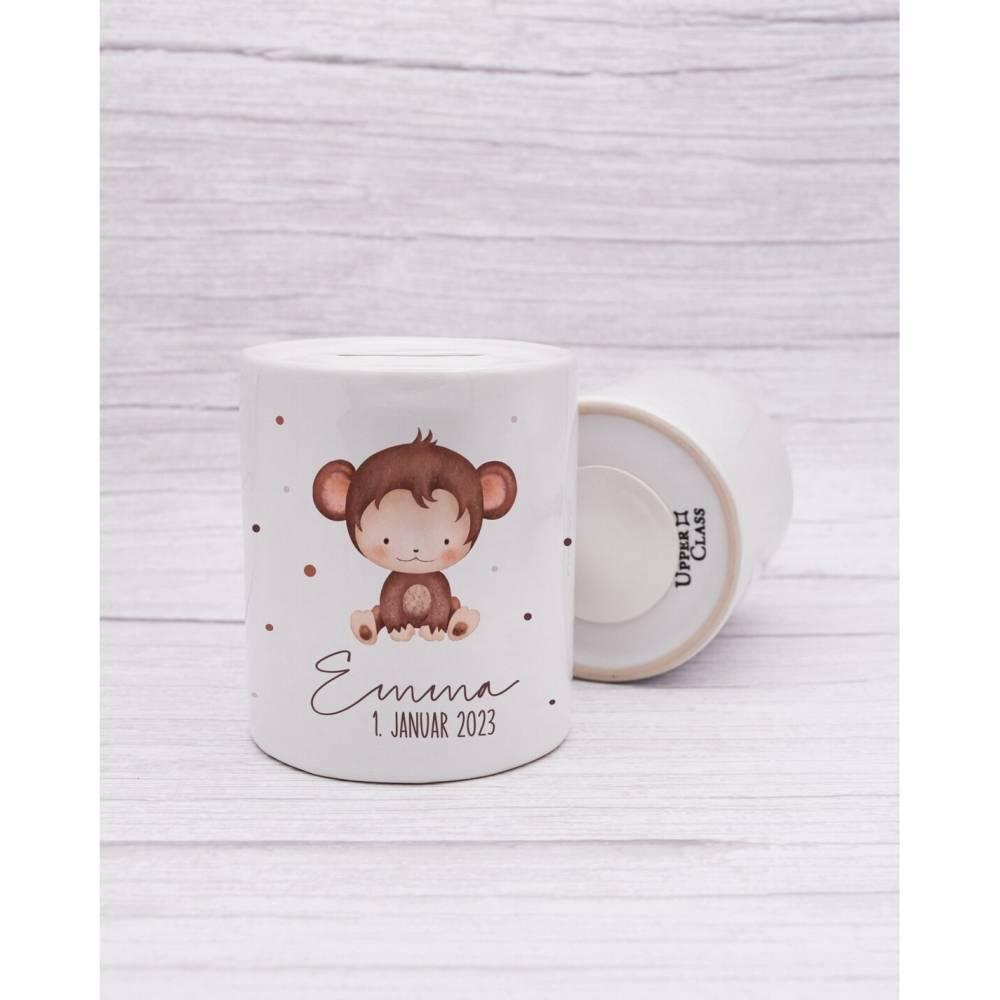 Personalisierte Spardose aus Keramik | mit Wunschnamen und Datum | Affe | Tierkinder | Geldgeschenk zur Geburt, Taufe oder Geburtstag - verschenkich.de