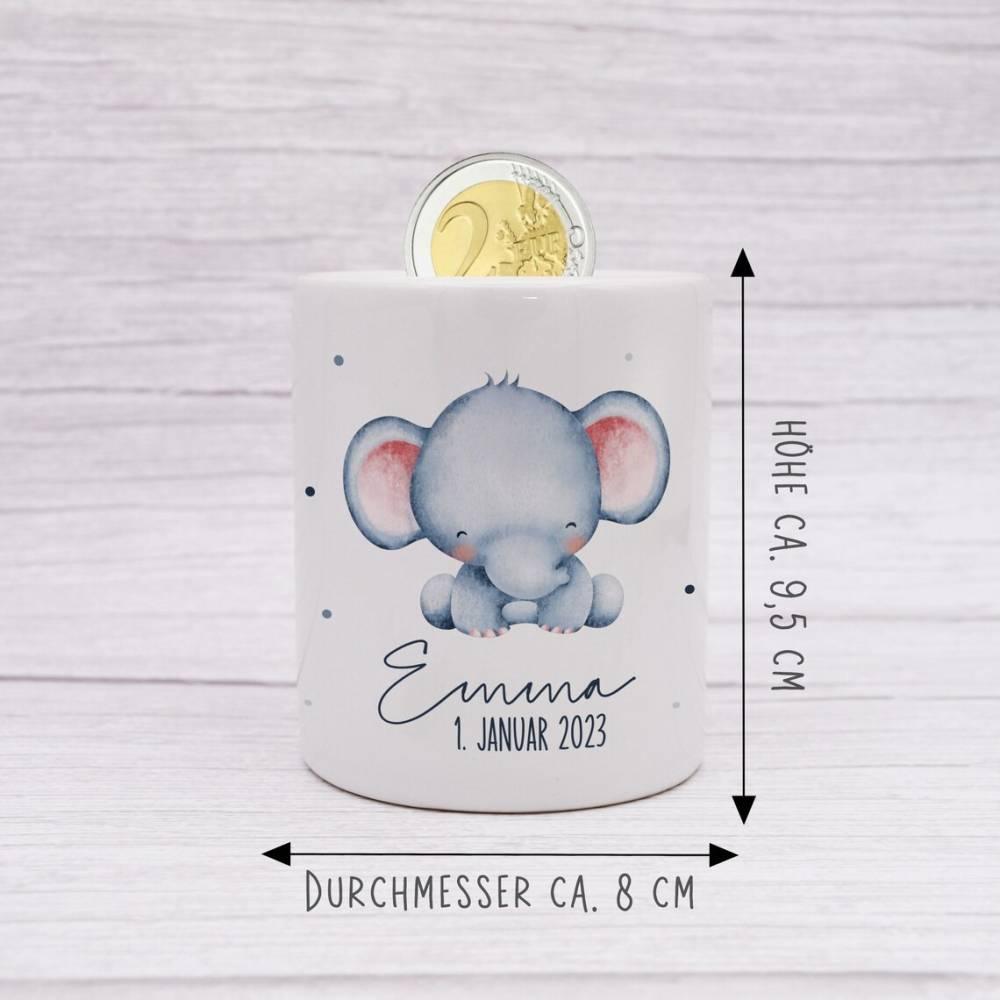 Personalisierte Spardose aus Keramik | mit Wunschnamen und Datum | Elefant | Tierkinder | Geldgeschenk zur Geburt, Taufe oder Geburtstag - verschenkich.de