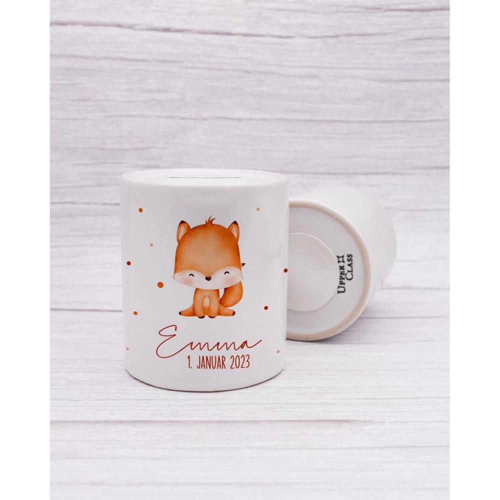 Personalisierte Spardose aus Keramik | mit Wunschnamen und Datum | Fuchs | Tierkinder | Geldgeschenk zur Geburt, Taufe oder Geburtstag - verschenkich.de