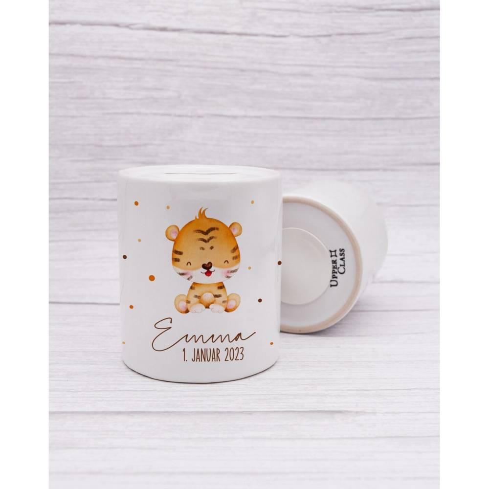 Personalisierte Spardose aus Keramik | mit Wunschnamen und Datum | Tiger | Tierkinder | Geldgeschenk zur Geburt, Taufe oder Geburtstag - verschenkich.de